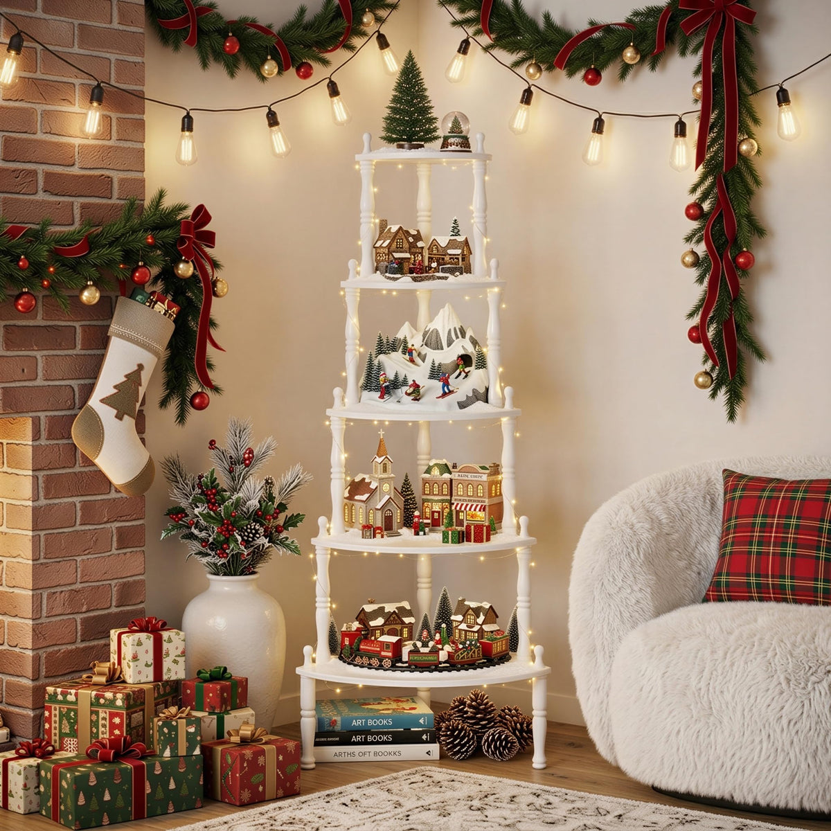 NKGIAG 5ft Christmas Village Display Stand, 5-Tier Tree Corner Shelf, White
