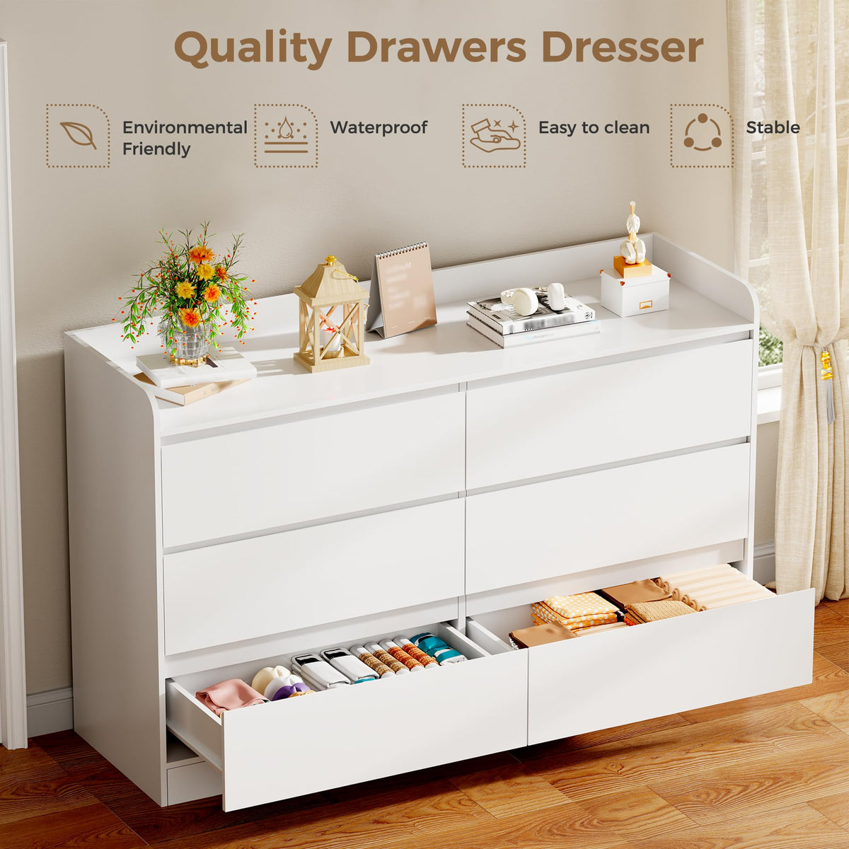 BEWISHOME 6 Drawer Dresser for Bedroom, Double Dresser with Fence