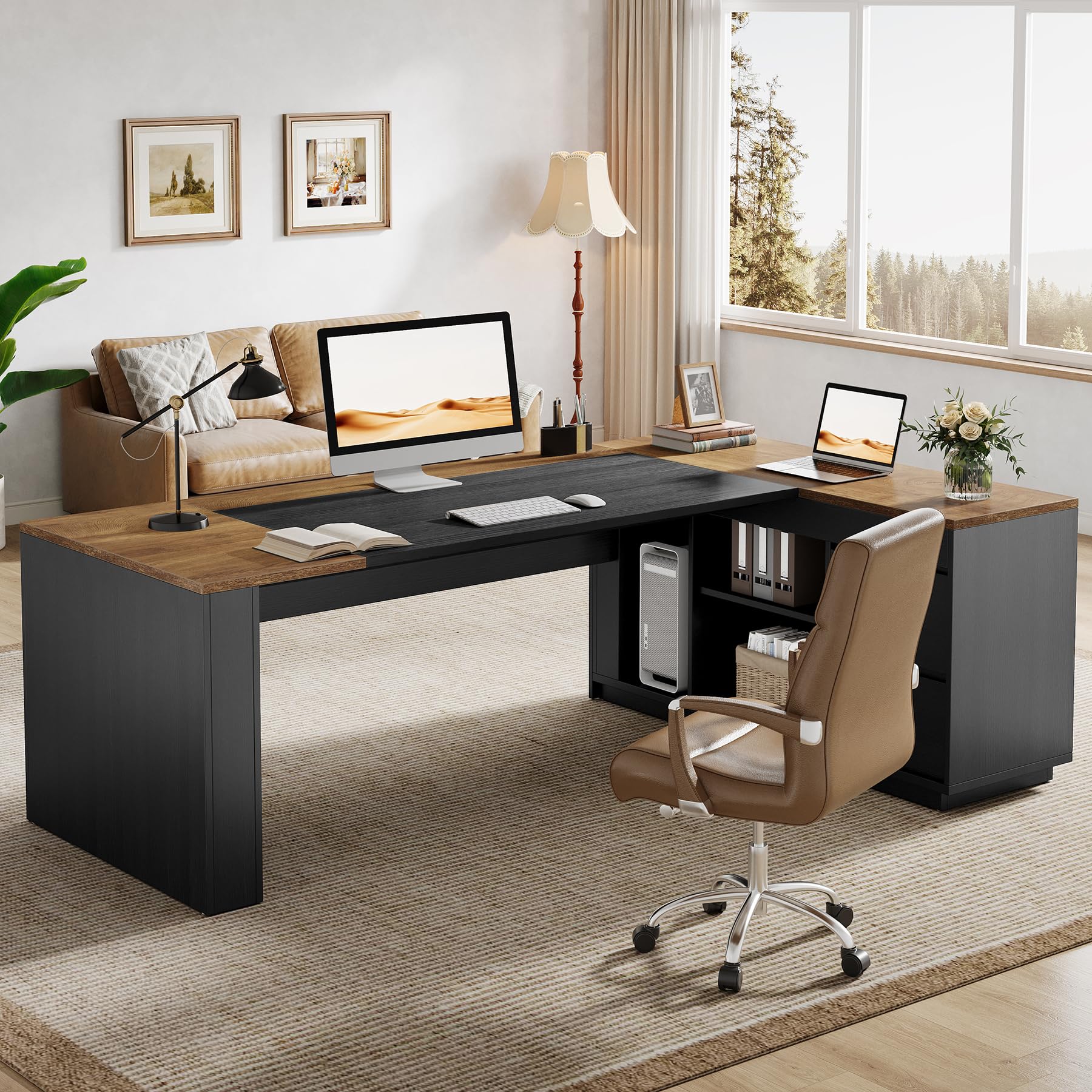 Tribesigns 78" L Shaped Executive Desk with Drawers, Large Office Computer Desk with Cabinet and Storage Shelves, Modern Business Furniture Sets Workstation for Home Office (Brown&Black)