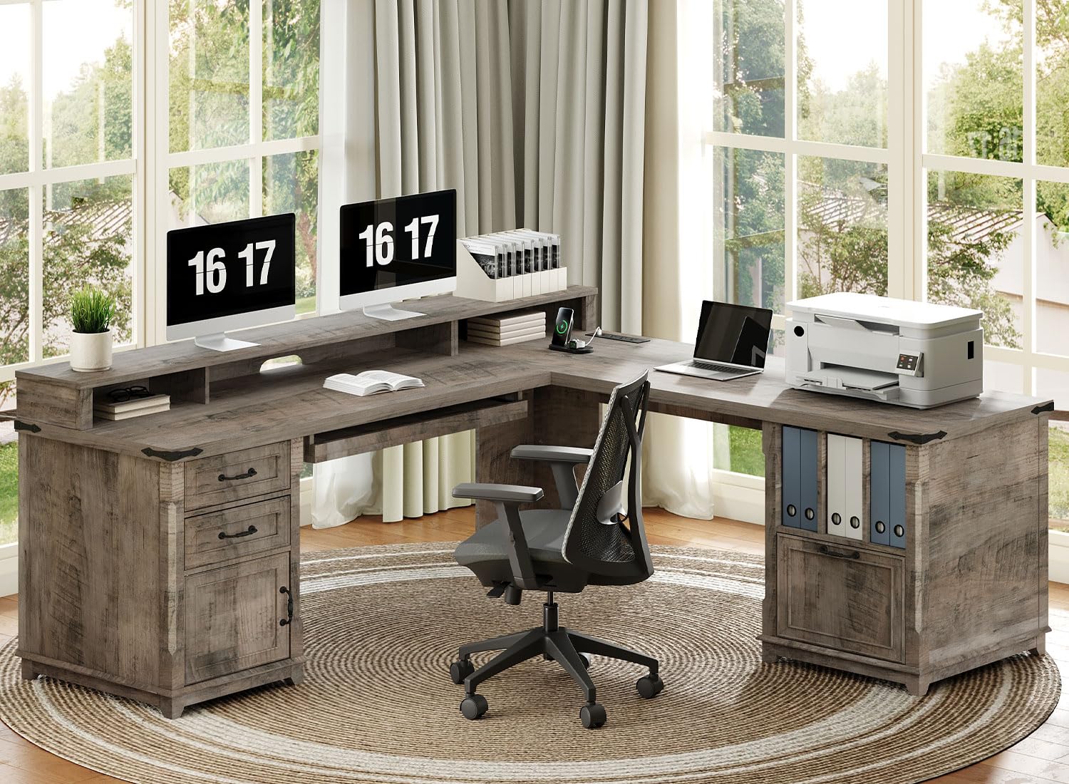 RALGEND Farmhouse 69" Executive L Shaped Desk with Drawer, Home Office Desk with Charging Station, Corner Computer Desk with Monitor Stand, File Drawer, Storage Cabinet, Greige