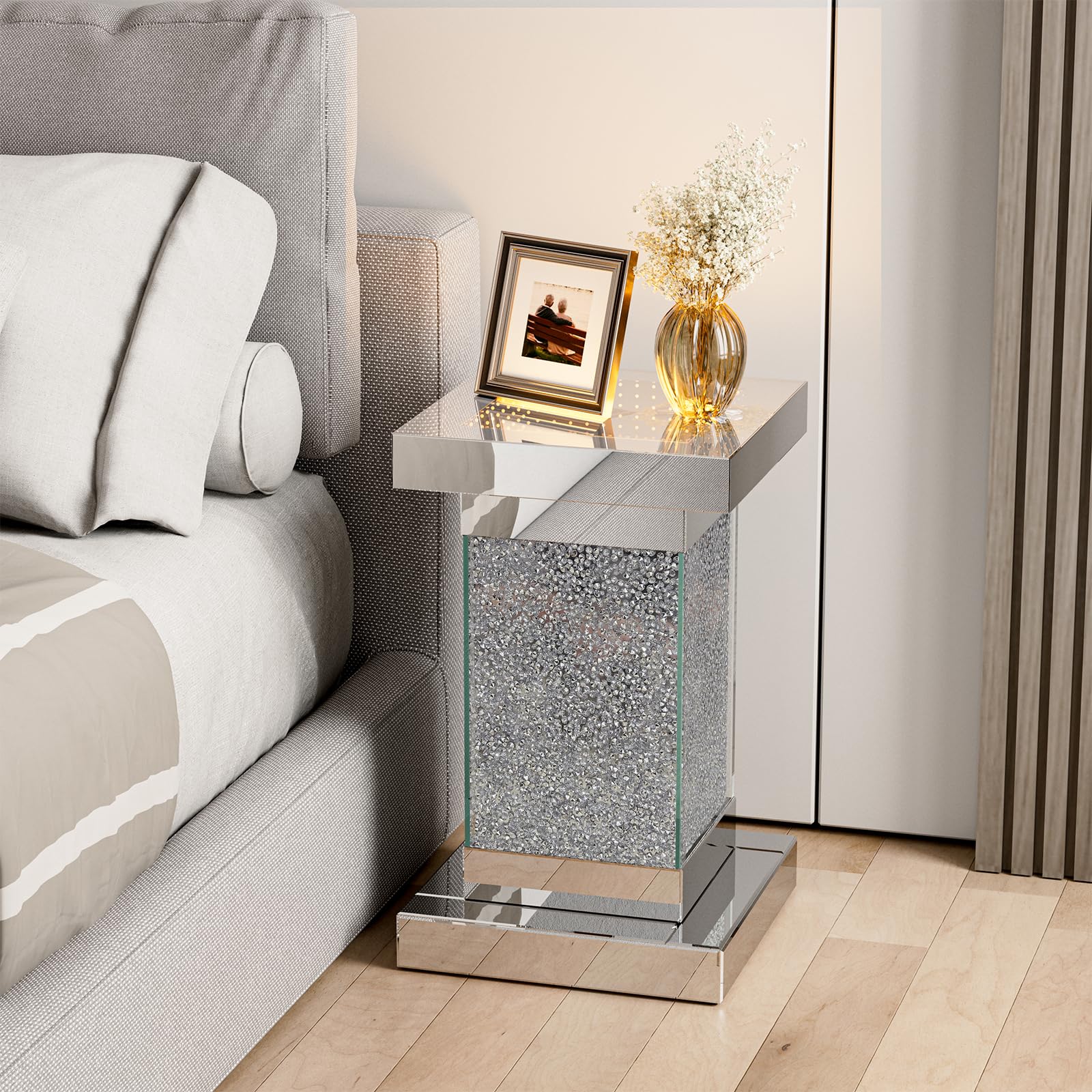 KZNGK Mirrored End Table Nightstand with LED Light, Modern LED Side Table with Crystal Diamond Inlay, Remote Control, 8 Colors Changing Light