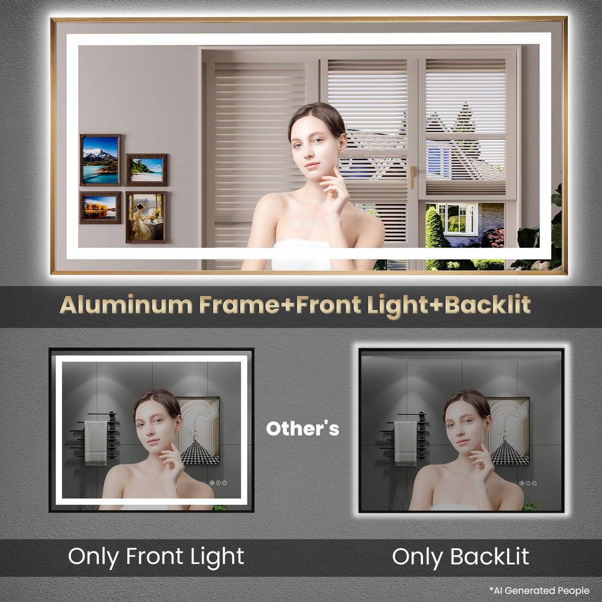 Amorho 55"X36" LED Bathroom Mirror with Front Lit and Backlit(Brushed Gold)