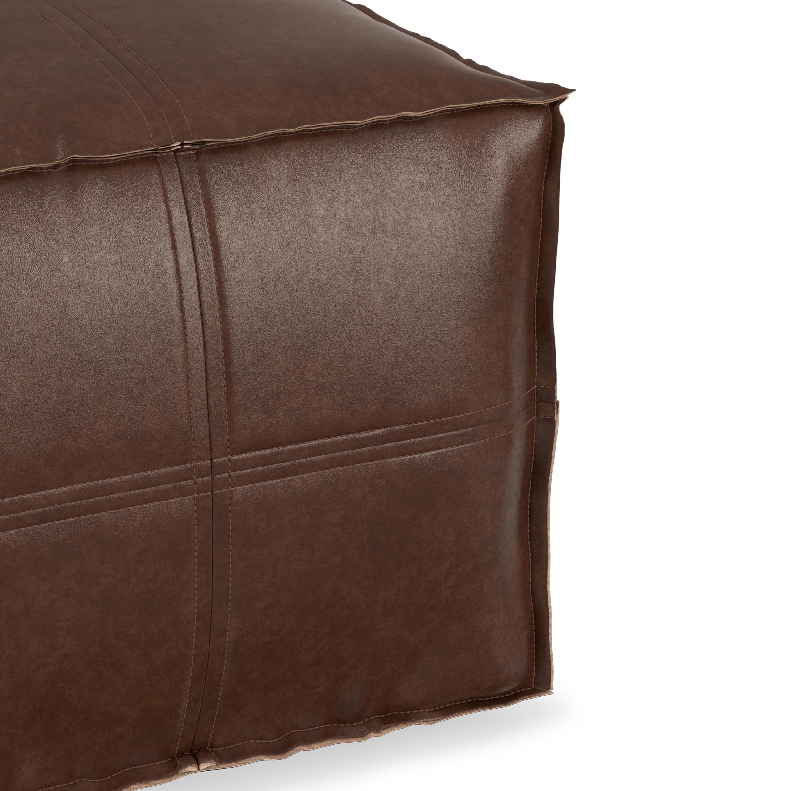 SIMPLIHOME Brody Square Pouf - 18" Wide x 14" High Upholstered Vegan Leather Ottoman in Distressed Dark Brown, Boho Footstool, Coffee Table or Extra Seating for Living Room or Bedroom, Assembled
