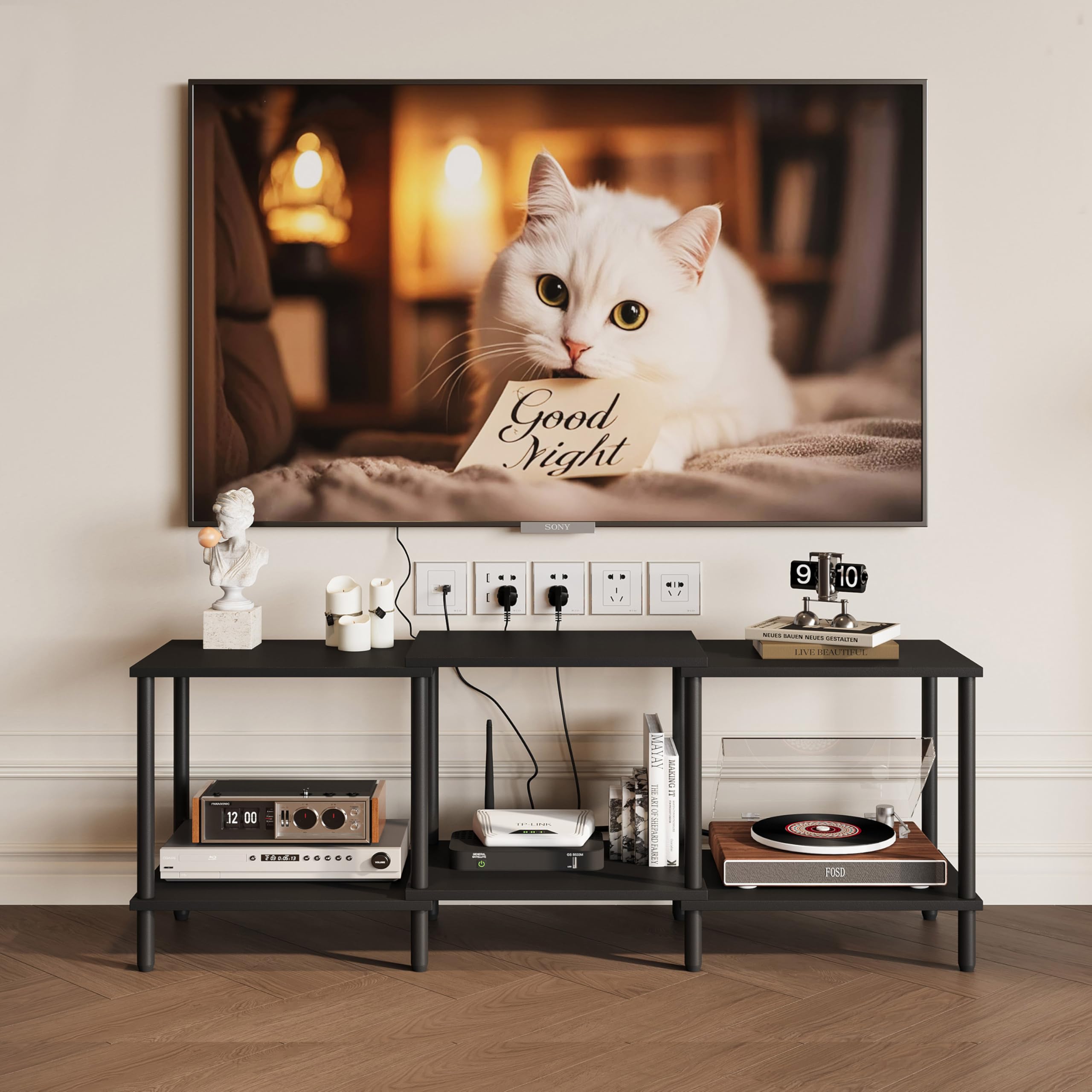 YAUKTAK TV Stand, Entertainment Center, Industrial TV Media Console Table with Open Storage Shelves, 2 Tier TV Cabinet for Living Room, Bedroom LTS107BK