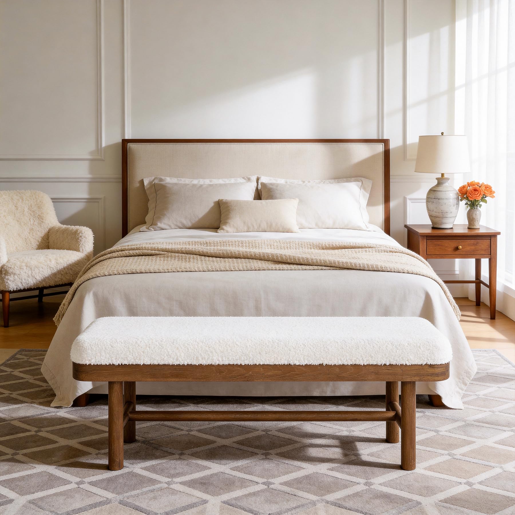 TRIBEWOOD 55" Upholstered Bedroom Bench, Solid Wood End of Bed Bench, Modern Indoor Bench with Cushion for Bedroom, Living Room, White & Brown
