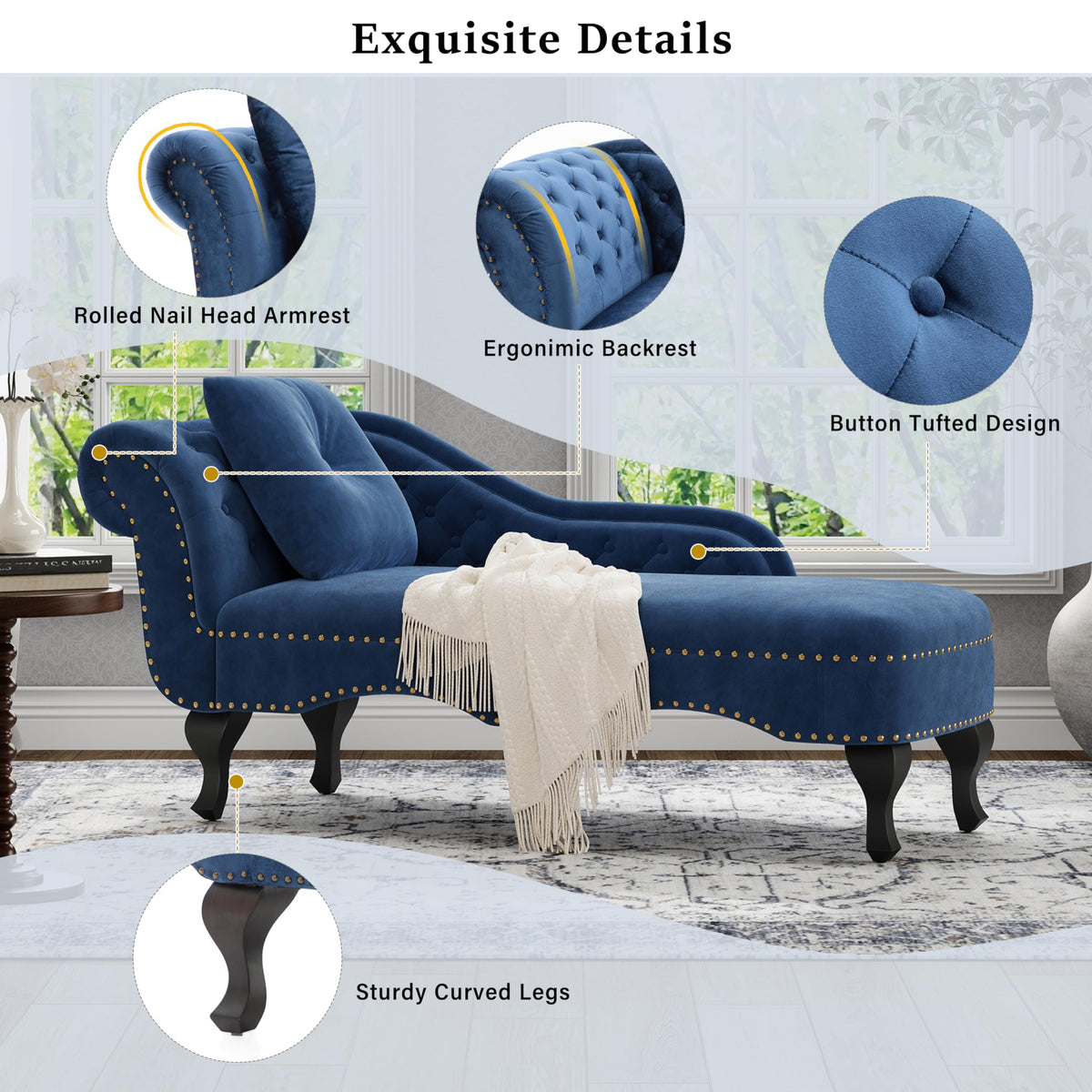 Christopher Knight Home Molan Velvet Upholstered Chaise Lounge Chair Indoor, Wooden Chaise Lounge Sofa with Scrolled Backrest, Living Room Lounge Chair with Left Armrest+Accent Pillow, Navy Blue