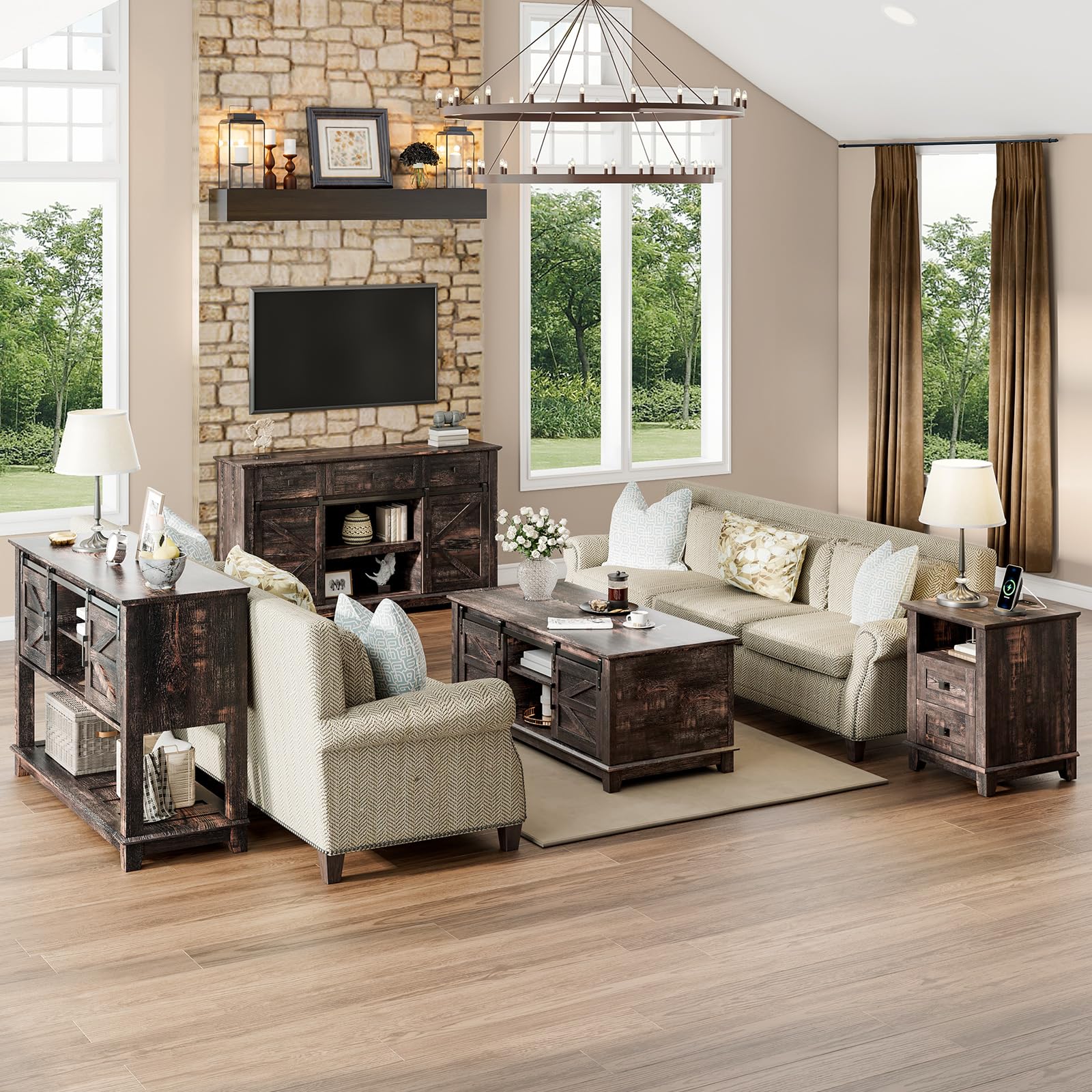 LUXOAK Farmhouse Table Set of 3, Coffee Table with Sliding Barn Doors, End Tables Set of 2 with Charging Station for Living Room & Bedroom, Sliding Barn Doors, 2 Tiers Storage Drawer, Dark Rustic Oak
