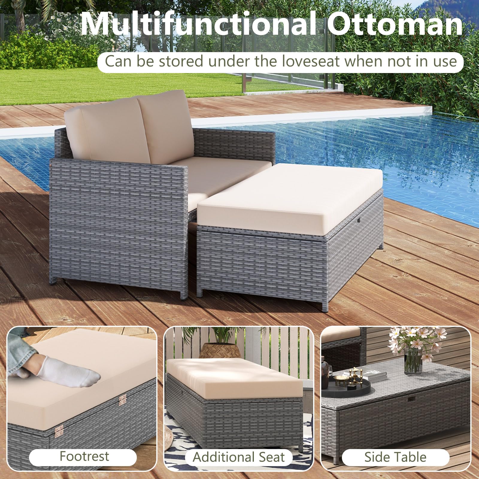 Outdoor Rattan Loveseat & Storage Ottoman Set