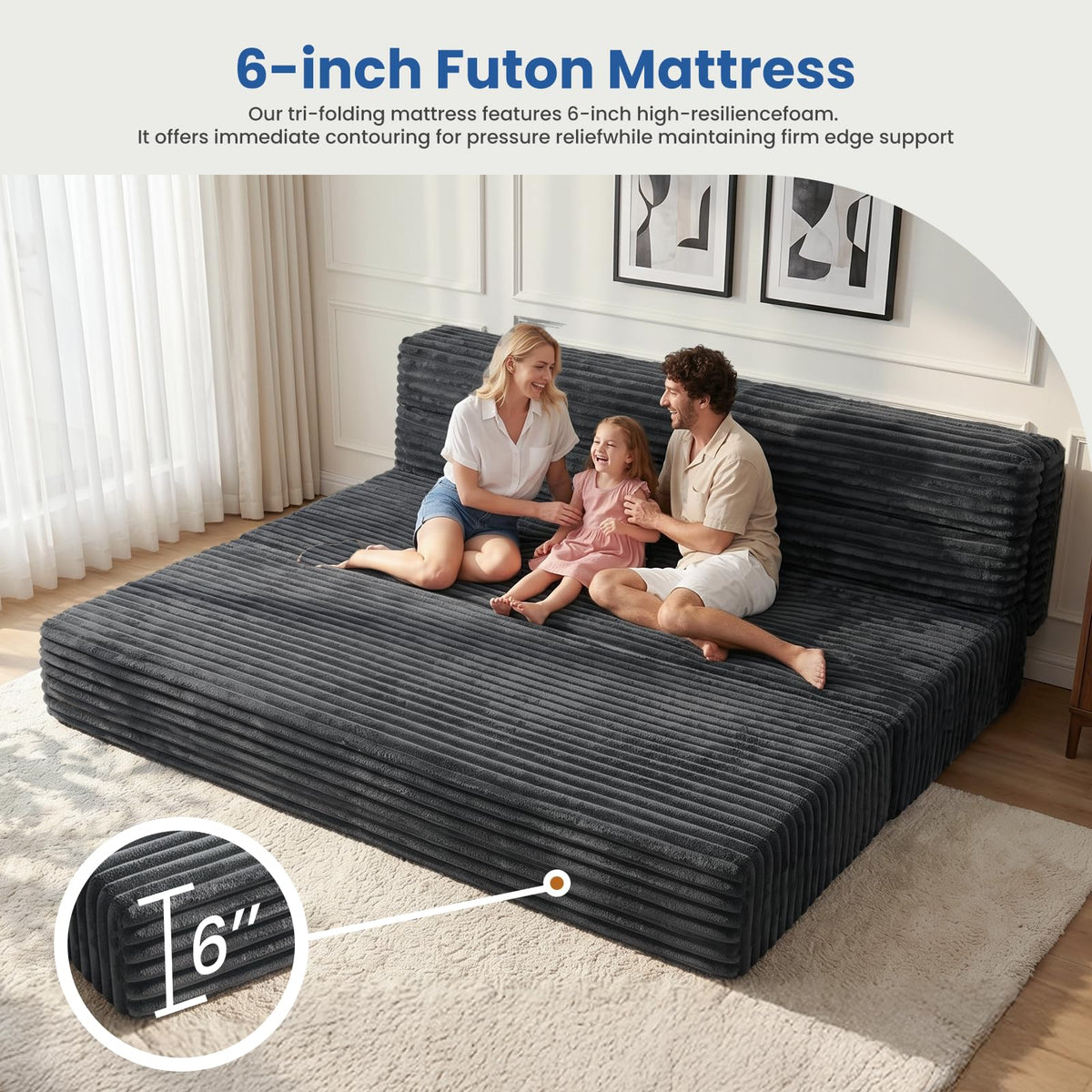 Erament Tri-Fold Futon Sofa Bed, 6 Inch Foldable Floor Couch, High-Density Foam Convertible Sleeper Sofa with Removable Washable Corduroy Cover, Portable Floor Mattress for Living Room