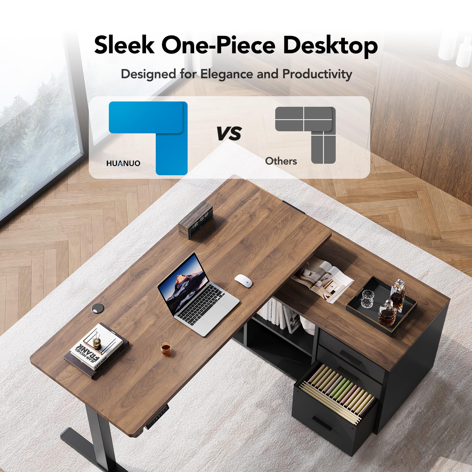 HUANUO 55 Inch L Shaped Standing Desk with Drawers, Electric Executive Desk with File Cabinet Sets, Adjustable Height Stand Up Desk, Home Office Computer Desk with 4 Memory Presets, Walnut