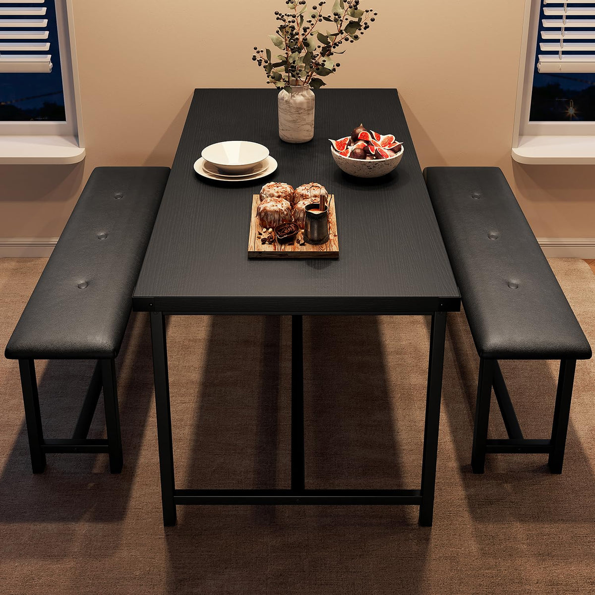 CABIHOME Dining Table Set for 4, Kitchen Table Set for 4 with Upholstered Benches, Rectangular Dining Room Table Set for Small Space, Apartment, Studio, Rustic Black