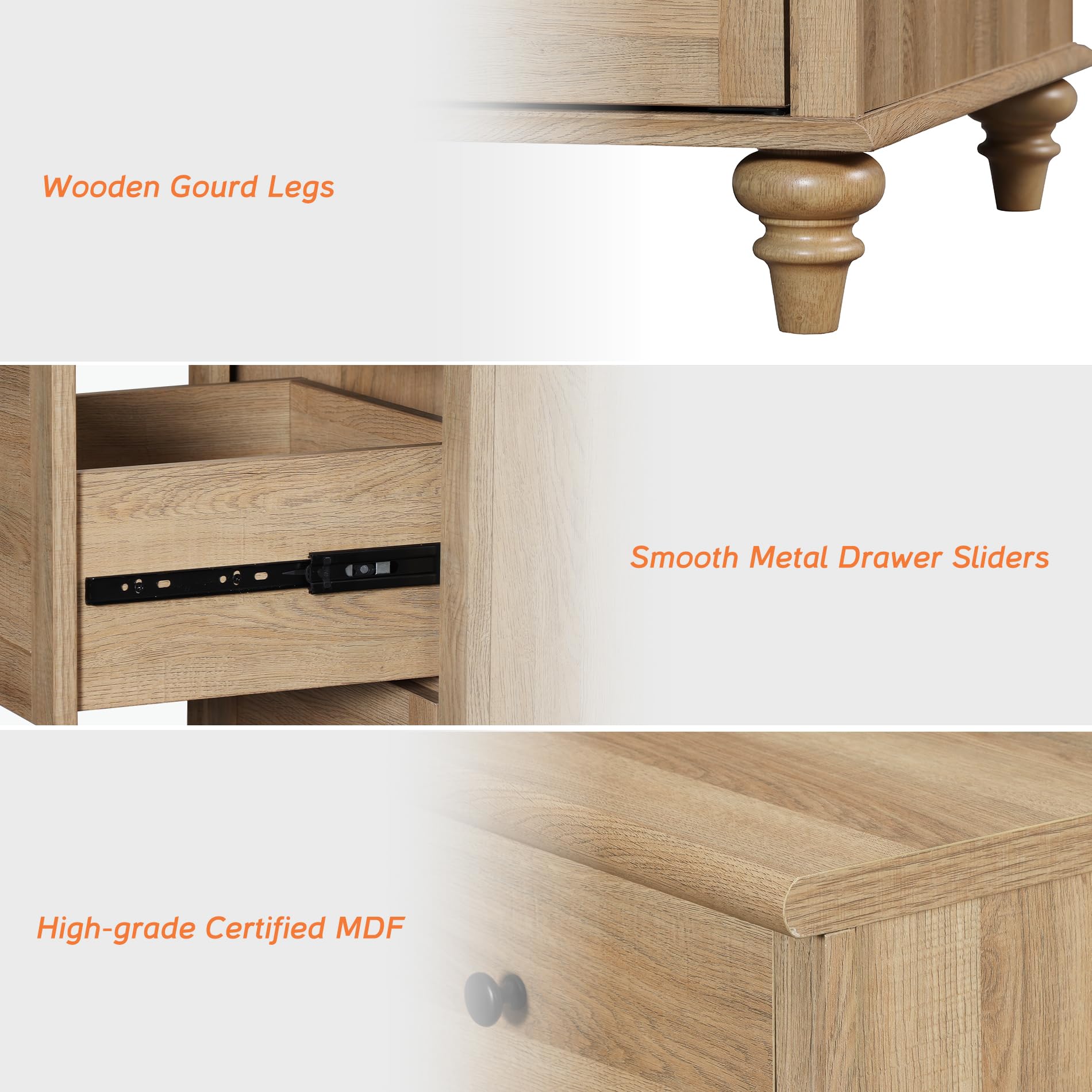 WAMPAT 4 Piece Dresser and Nightstand Sets - Includes Two Farmhouse 3 Drawer Dressers for Bedroom, Set of 2 Side Tables Bedside Table with Charging Station, 4 Piece Bedroom Set, Oak