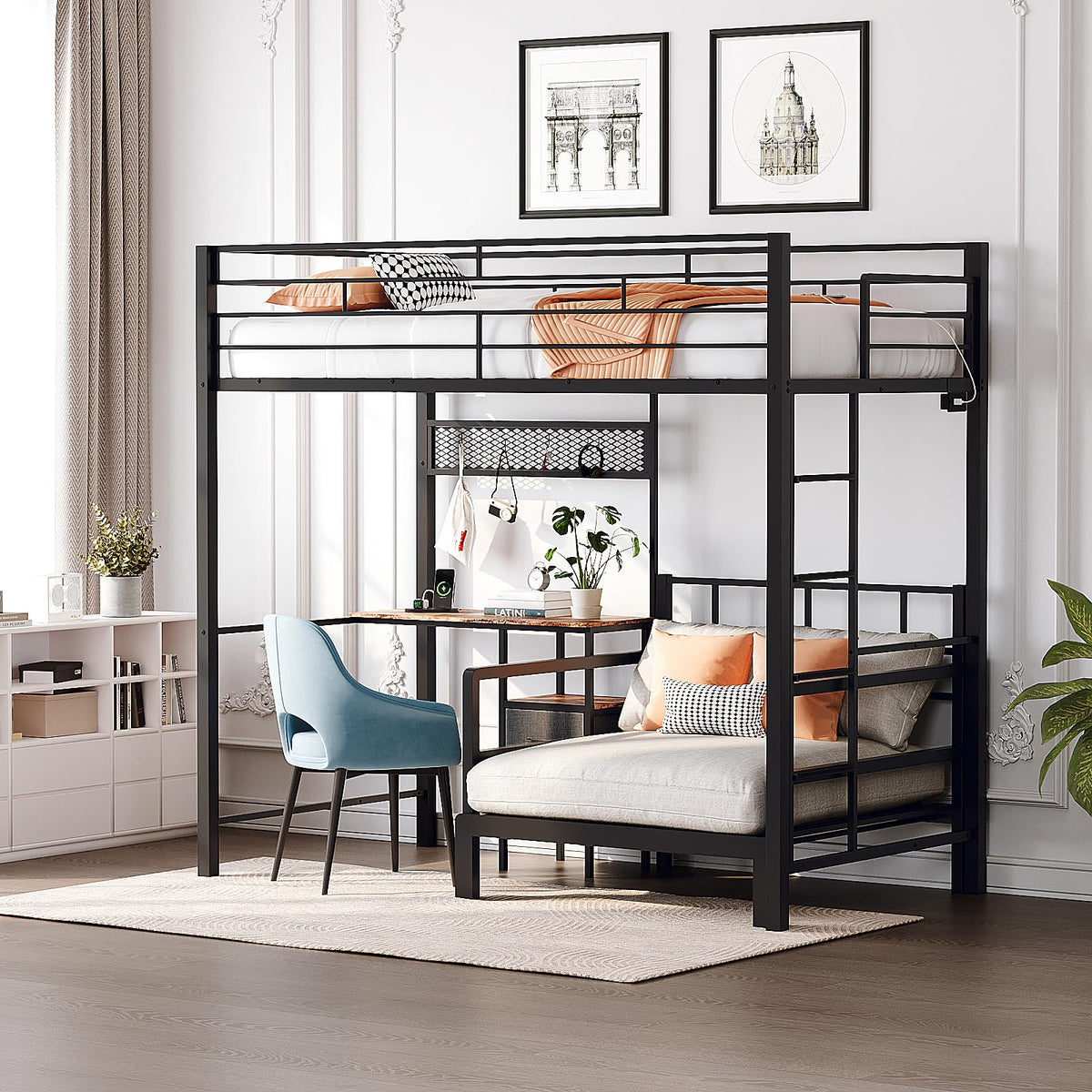 Twin Bunk Bed with Desk & LED Lights