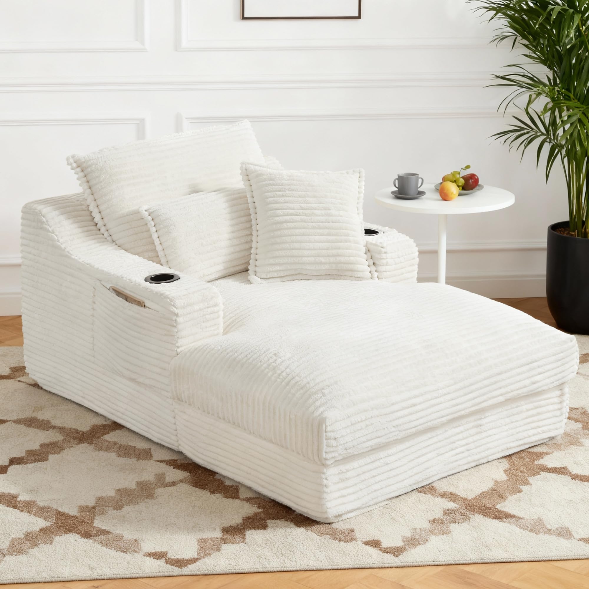 Oversized Chaise Lounge Chair Indoor, 67'' Upholstered Sleeper Sofa Bed with Cup Holders & 3 Pillows, Deep Seat Corduroy Boneless Cloud Sofa Couch for Living Room, No Assembly Reading Chair, White
