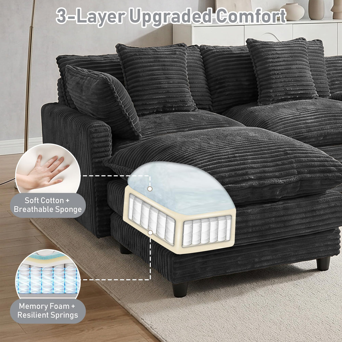 ONEMMLION 143" Oversized U-Shaped Cloud Sectional Sofa, Grey
