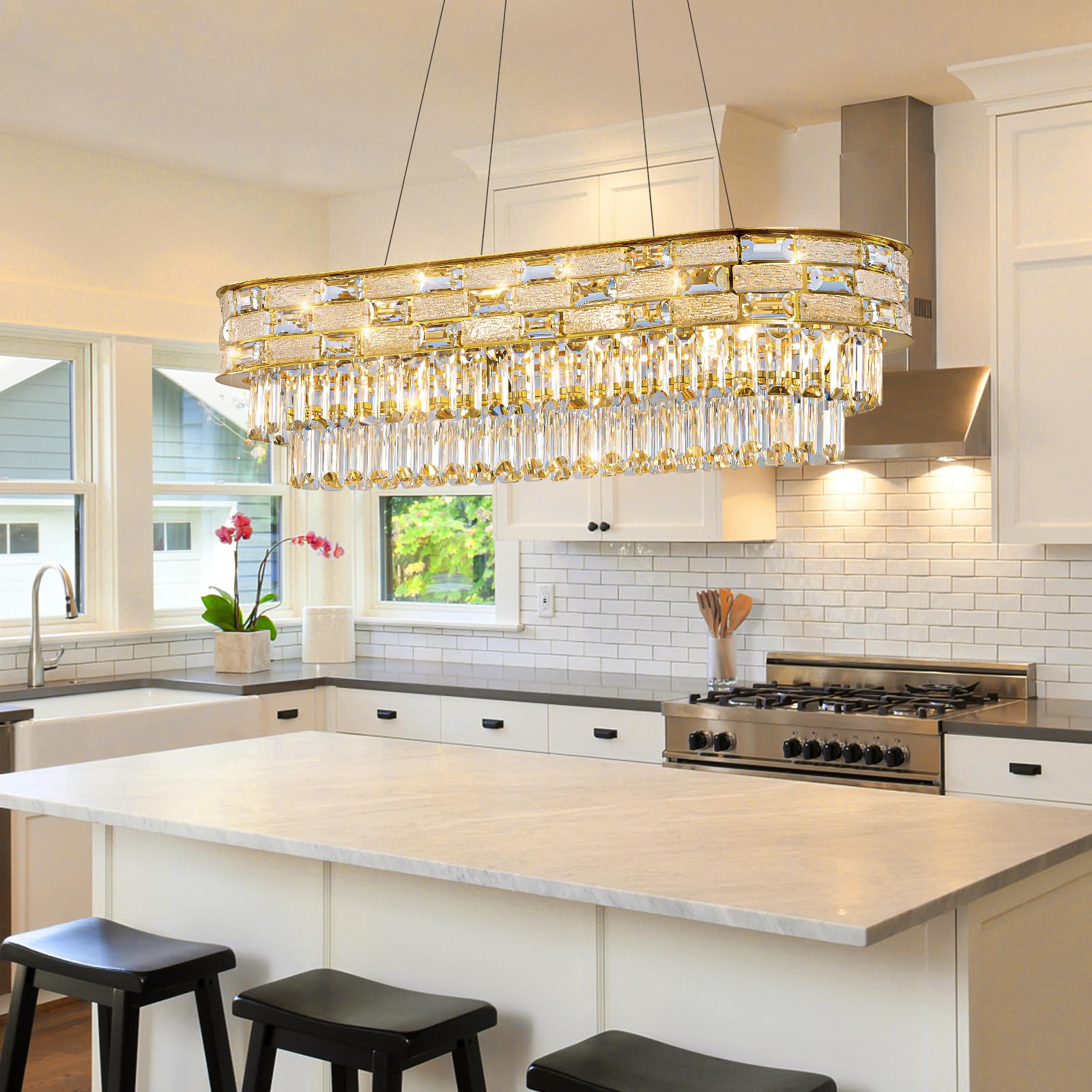 Large Oval K9 Crystal Chandelier - Luxury Modern 3 Tier Linear Crystals Chandeliers - 15 Lights Brushed Gold Pendant Light Fixture for Dining Room Kitchen Island Entryway Bar Living Room - L34.3 Inch