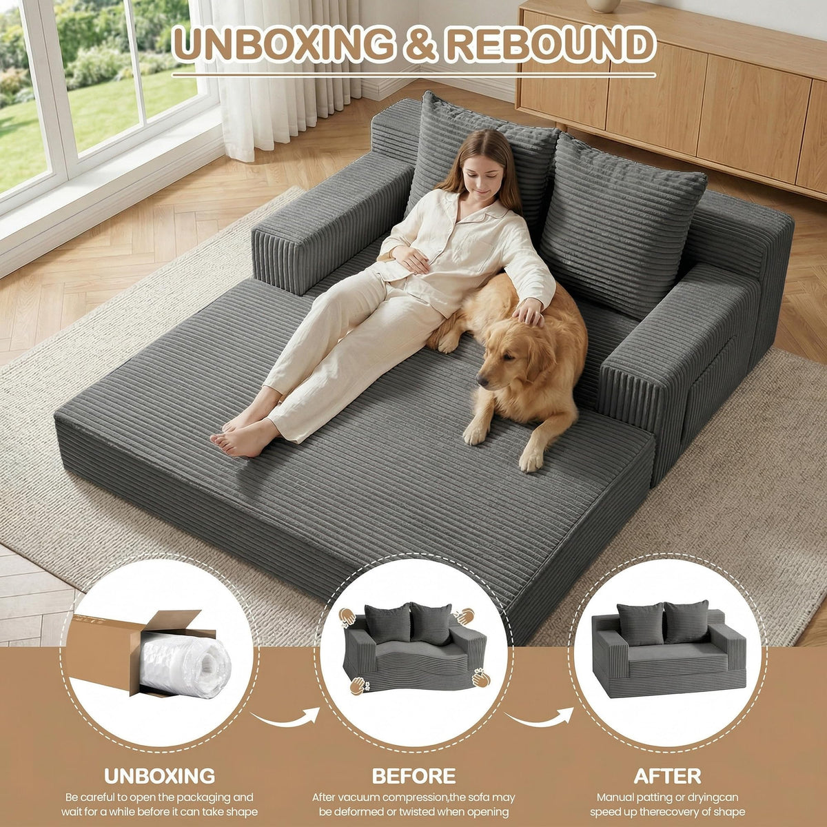 feliz home Boneless Loveseat Small Couch Bed, Futon Sleeper Sofa Bed,Convertible Pull Out Couch with 2 Pillows,Corduroy Folding Floor Couch for Living Room,No Assembly Required,Grey