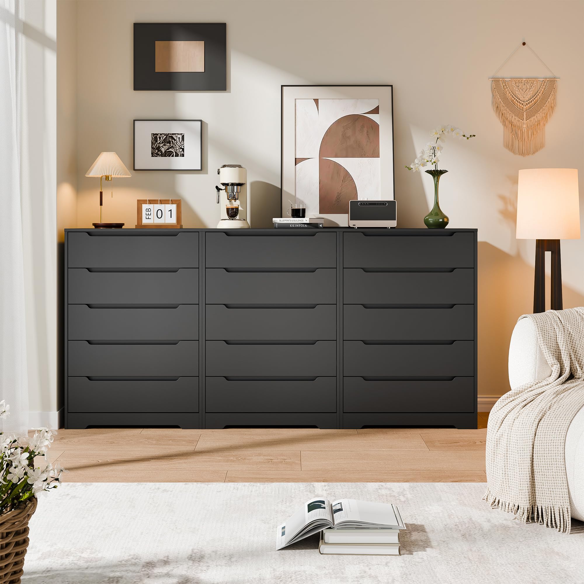 Cozy Castle 5 Drawer Dressers, Modern Chest of Drawers Large Organizer, Wood Accent Storage Cabinet for Living Room, Home Office, Entryway, Black