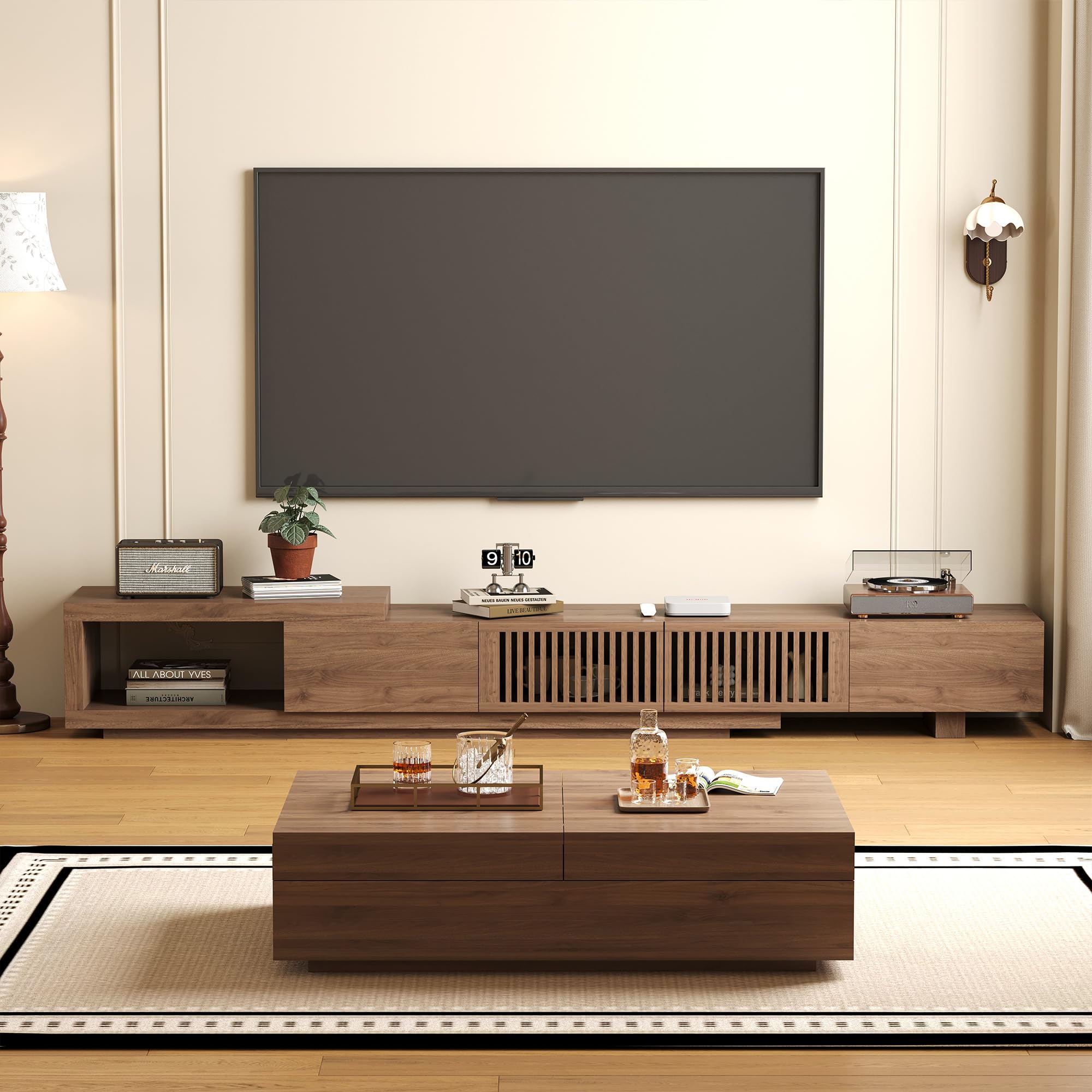 NessCarsti Mid-Century Modern TV Stand & Expandable Coffee Table Set, Walnut Finish, Stylish Storage Combo for Living Room or Bedroom (78.54“ to 103" TV Stand+Coffee Table)