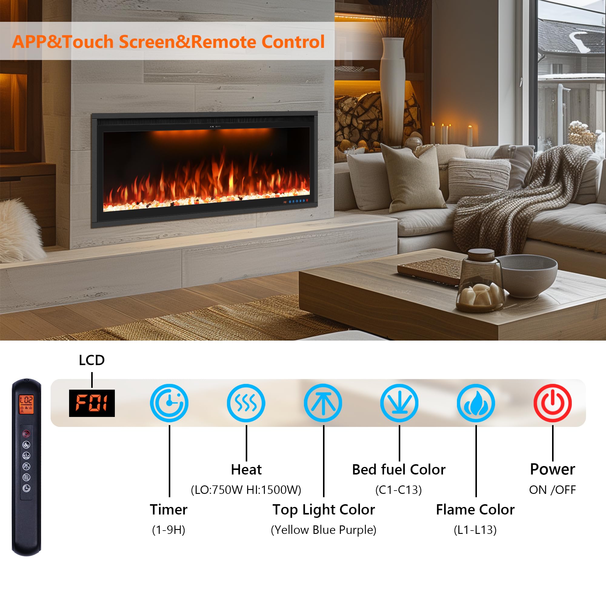60" Smart Electric Fireplace Inserts, Slim Fireplace with APP & Alexa Control, Remote & Touch Panel, Adjustable Flame Colors & Fuel Bed Colors, Timer & Overheat Protection, 750W/1500W, Black