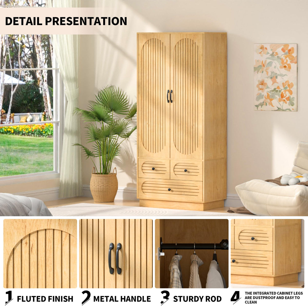 Fluted Wardrobe Armoire with 3 Drawers