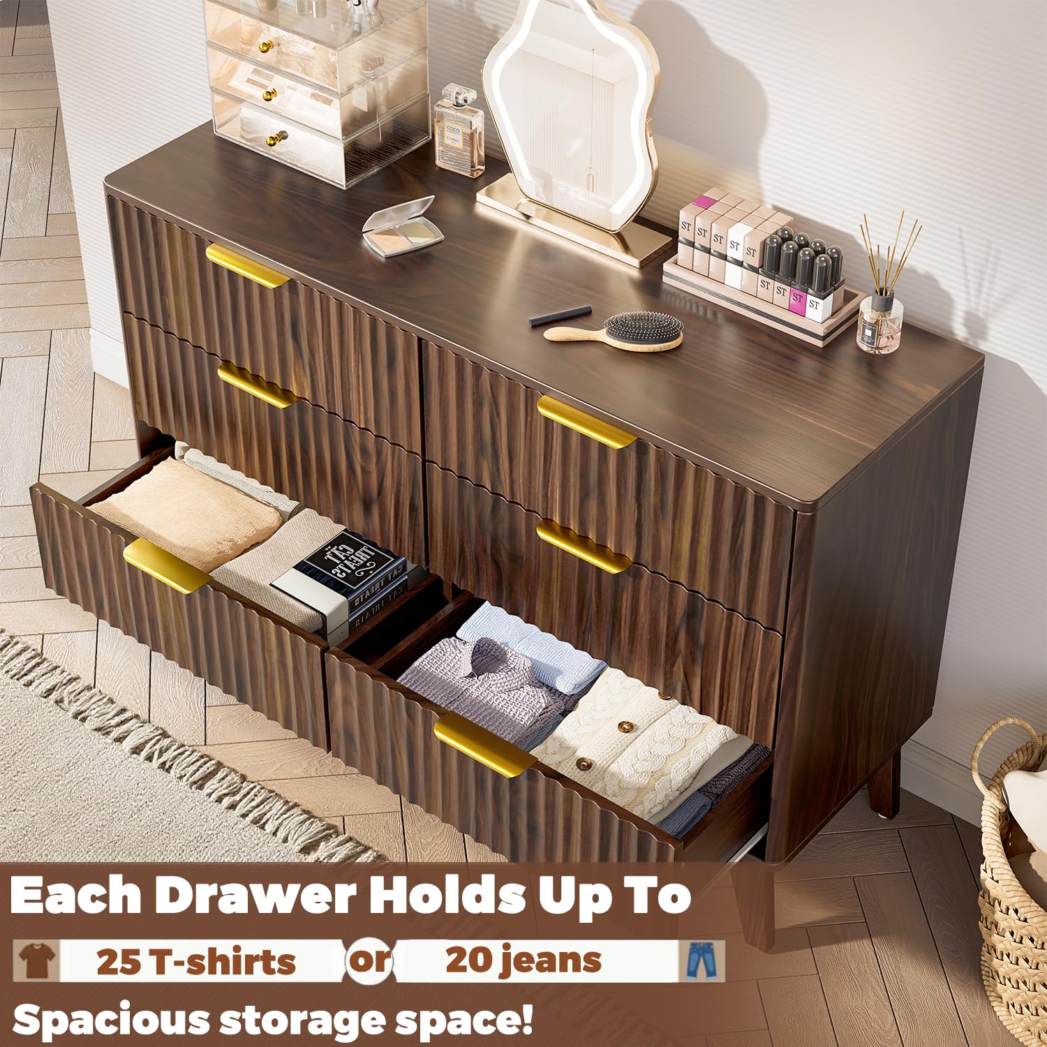 Modern 6 Drawer Dresser, Walnut, Fluted Wave Design, Rounded Corners, Mid Century Dresser TV Stand, 48" Wide Chest of Drawers for Bedroom and Living Room
