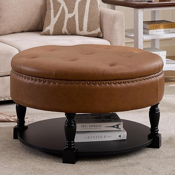 Round Storage Ottoman with Wood Shelf