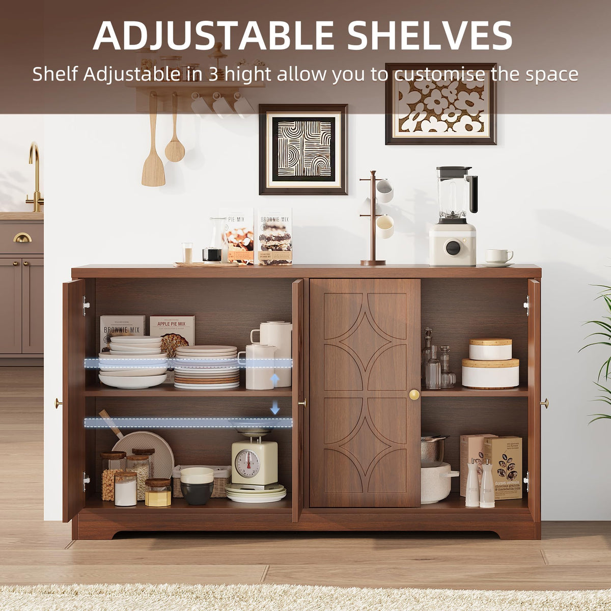 Garvee Sideboard Buffet Cabinet with Storage, 56" Modern Sideboard, Brown