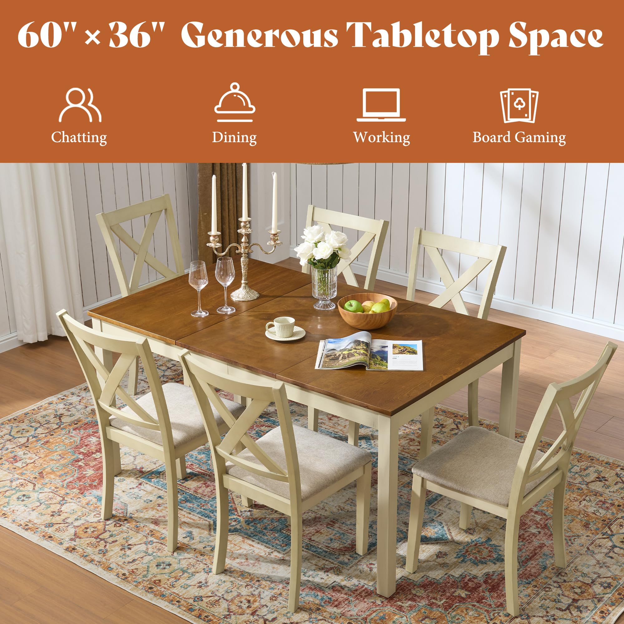 Farmhouse Solid Wood Dining Table Set with 6 Upholstered Chairs