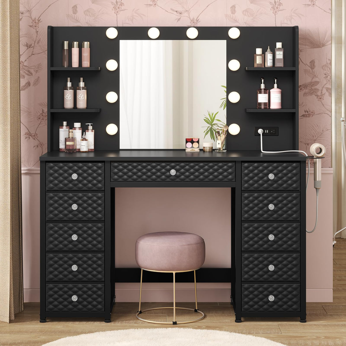 Black Vanity Desk with Mirror and Lights, 11 Drawers, 43.3", Power Strip