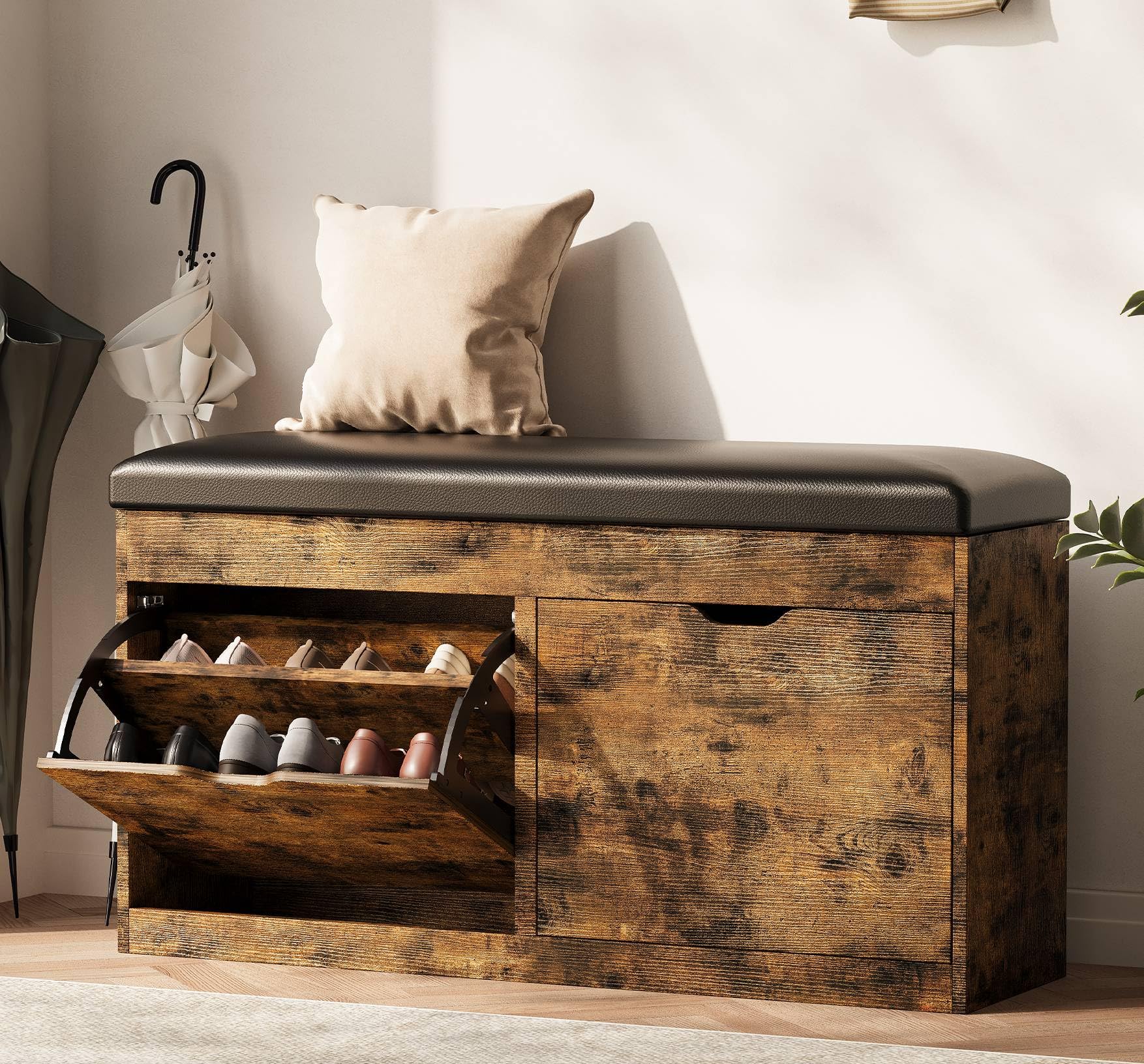 Entryway Shoe Storage Bench with Flip Drawers & Padded Seat