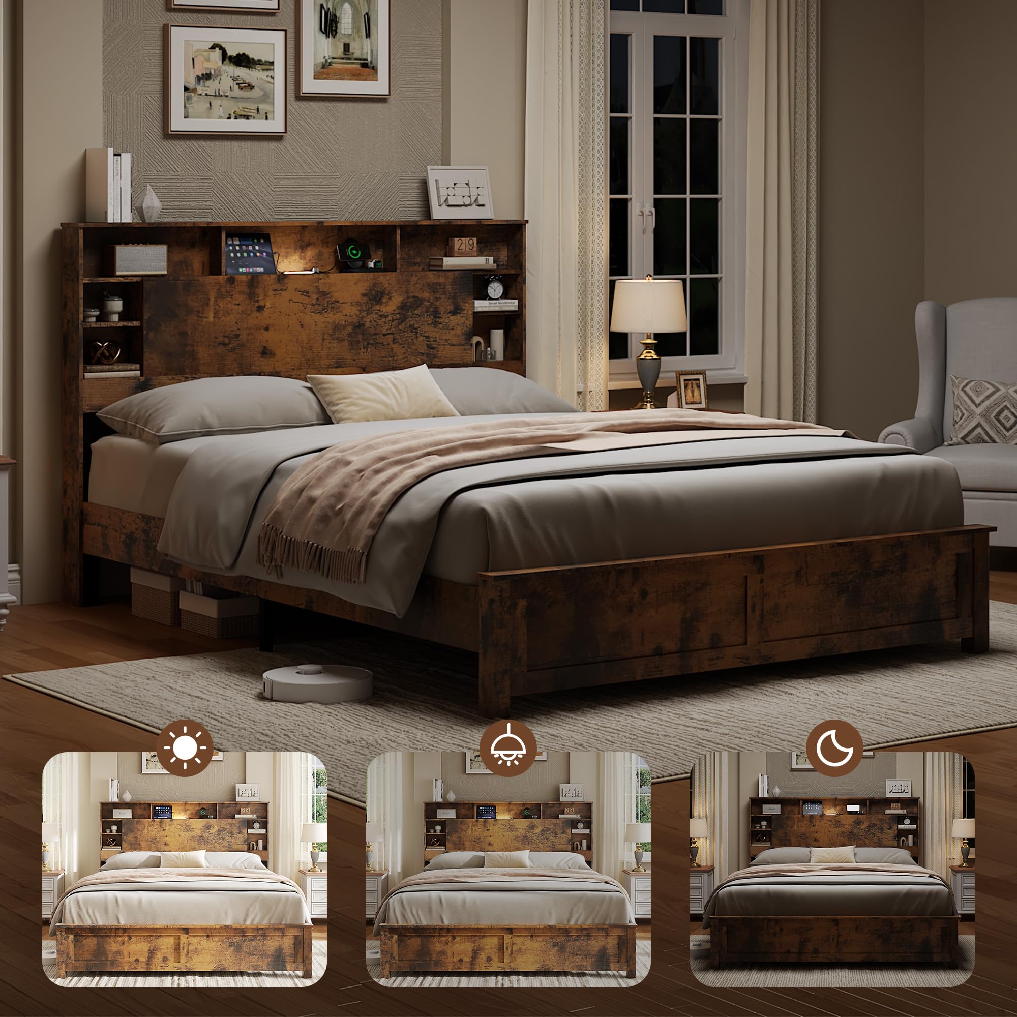 MLJWI Wood Queen Size Bed Frame with Storage Headboard, Farmhouse Platform Bed Frame with Charging Station & LED Lights, Noise Free, No Box Spring Needed (Dark Brown, Queen)