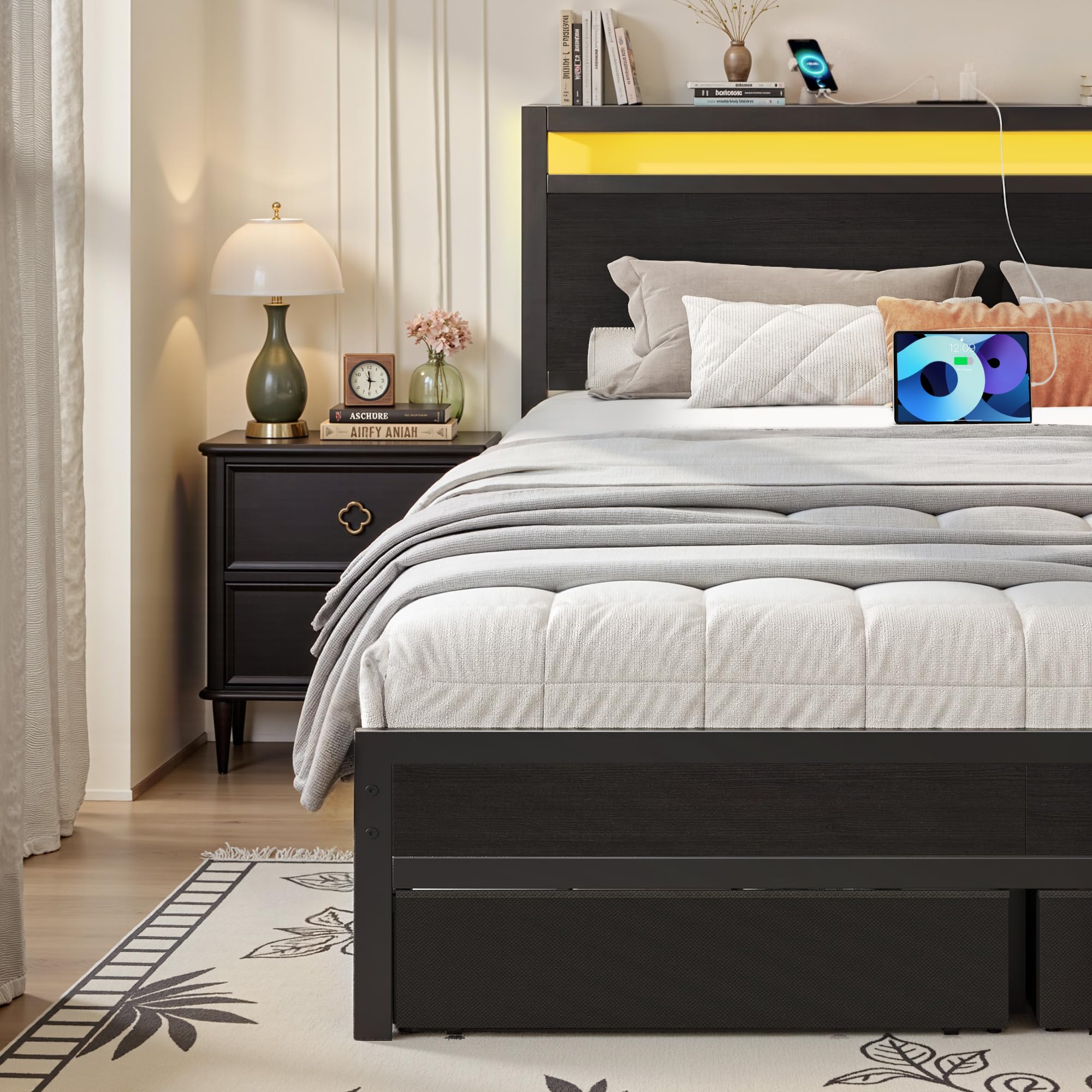 Queen Bed Frame with Storage Headboard & LED Lights