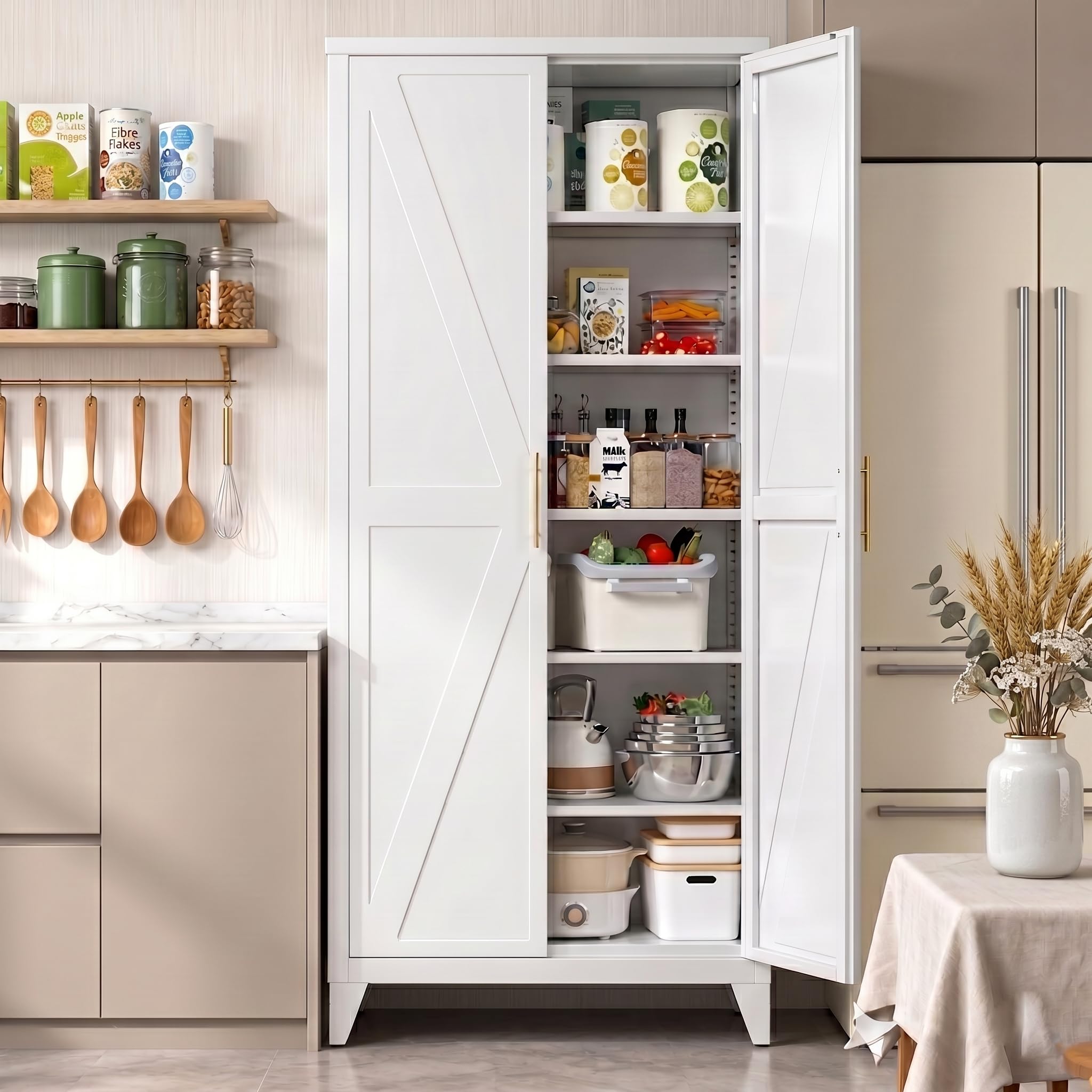 GangMei 75.3 in Metal Kitchen Pantry Cabinet, White, 5 Adjustable Shelves