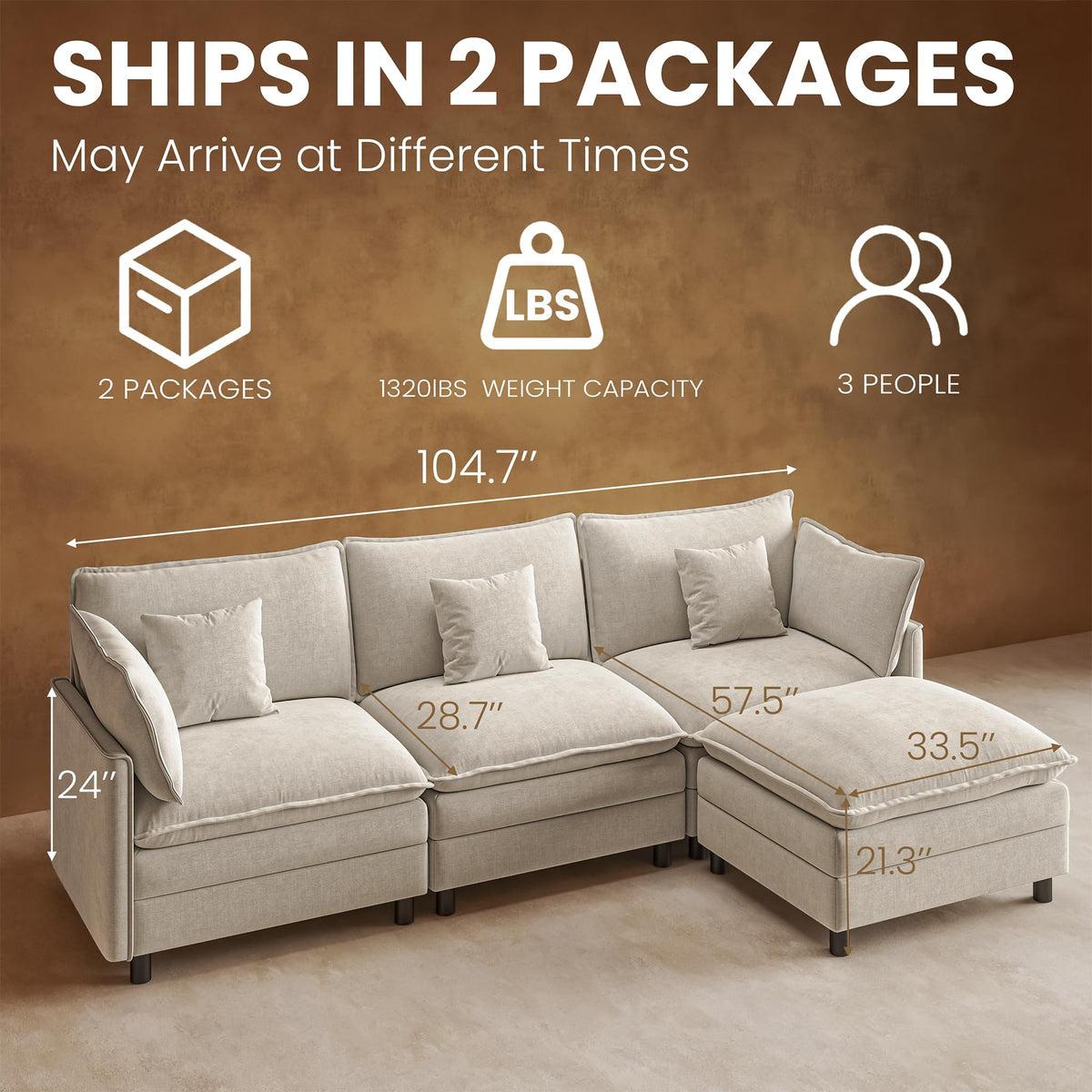 105" Cloud Couches for Living Room Modular Sectional Sofa L Shaped Oatmeal