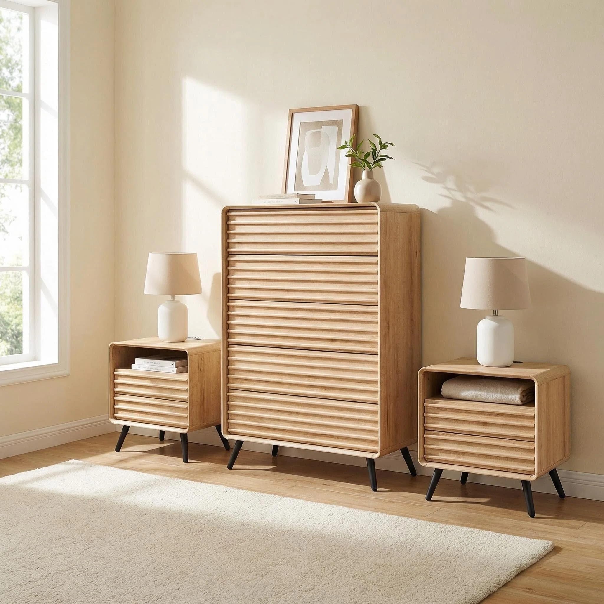 RedLemon 48'' Tall 5 Drawers Dresser for Bedroom, Mid Century Modern Wood Fluted Dresser, Chest of Drawers with Smooth Rounded Corner & Tapered Leg for Bedroom, Living Room, Oak