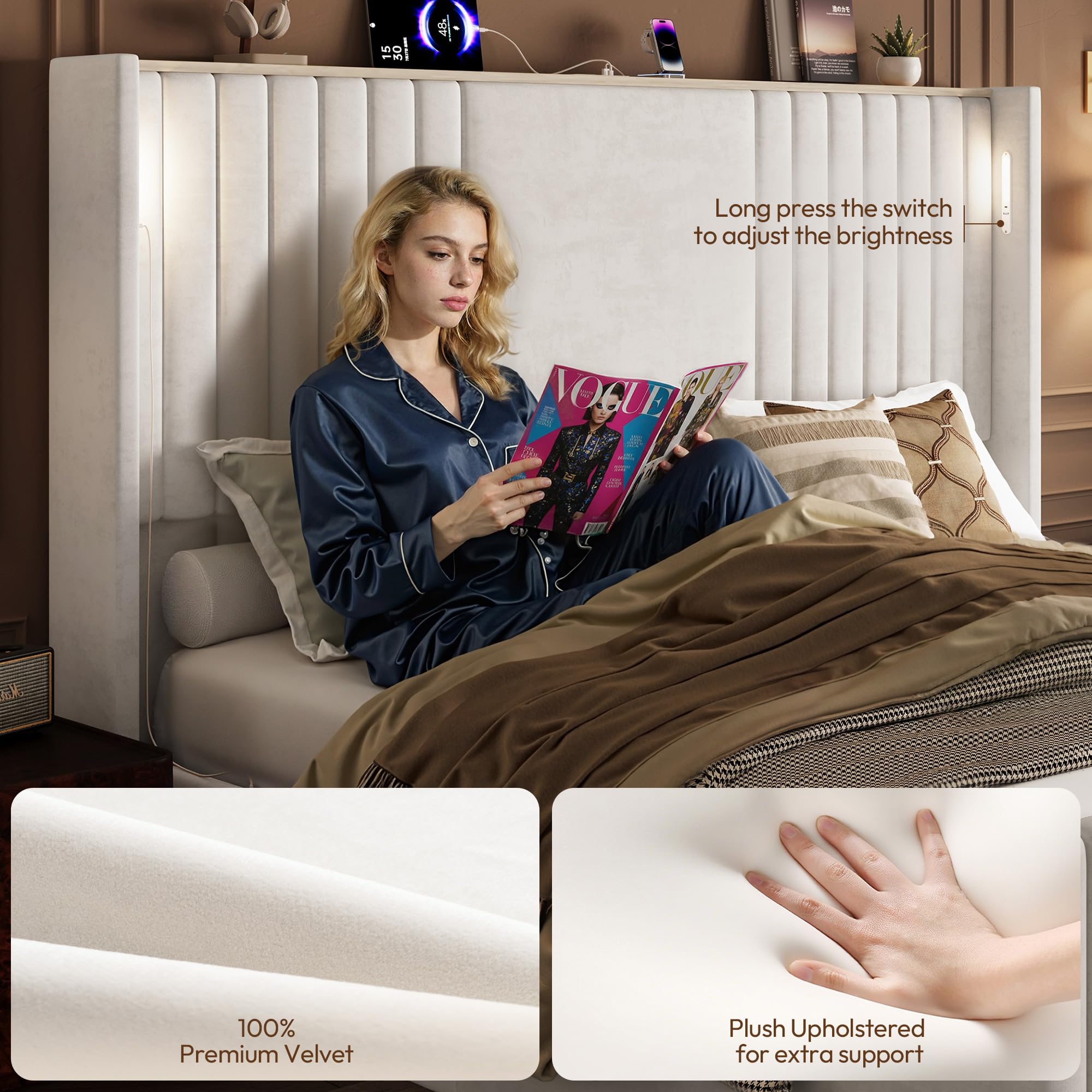 Velvet Wingback Platform Bed Frame with LED Reading Lights