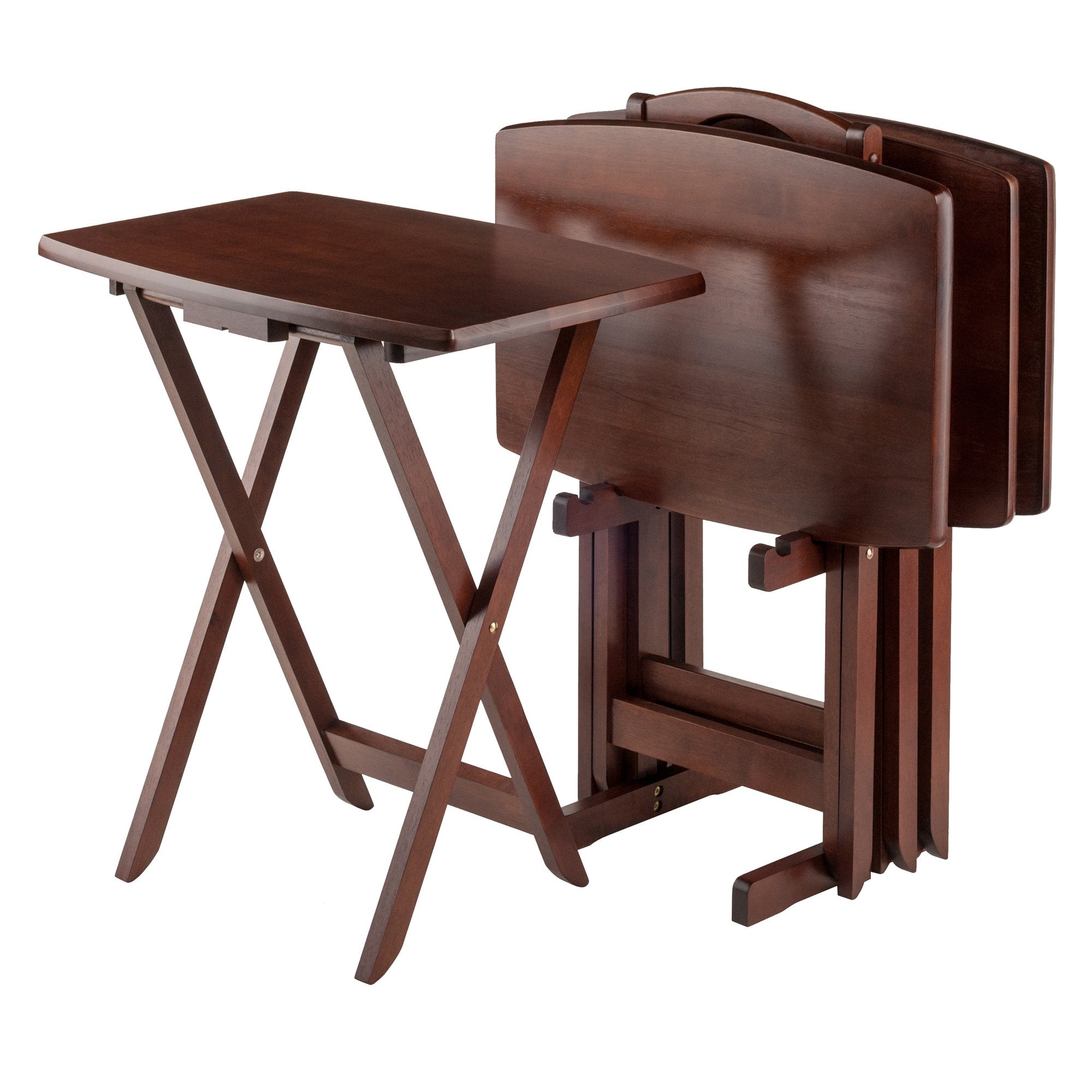 5-Piece Foldable Snack Table Set with Storage Rack – Walnut