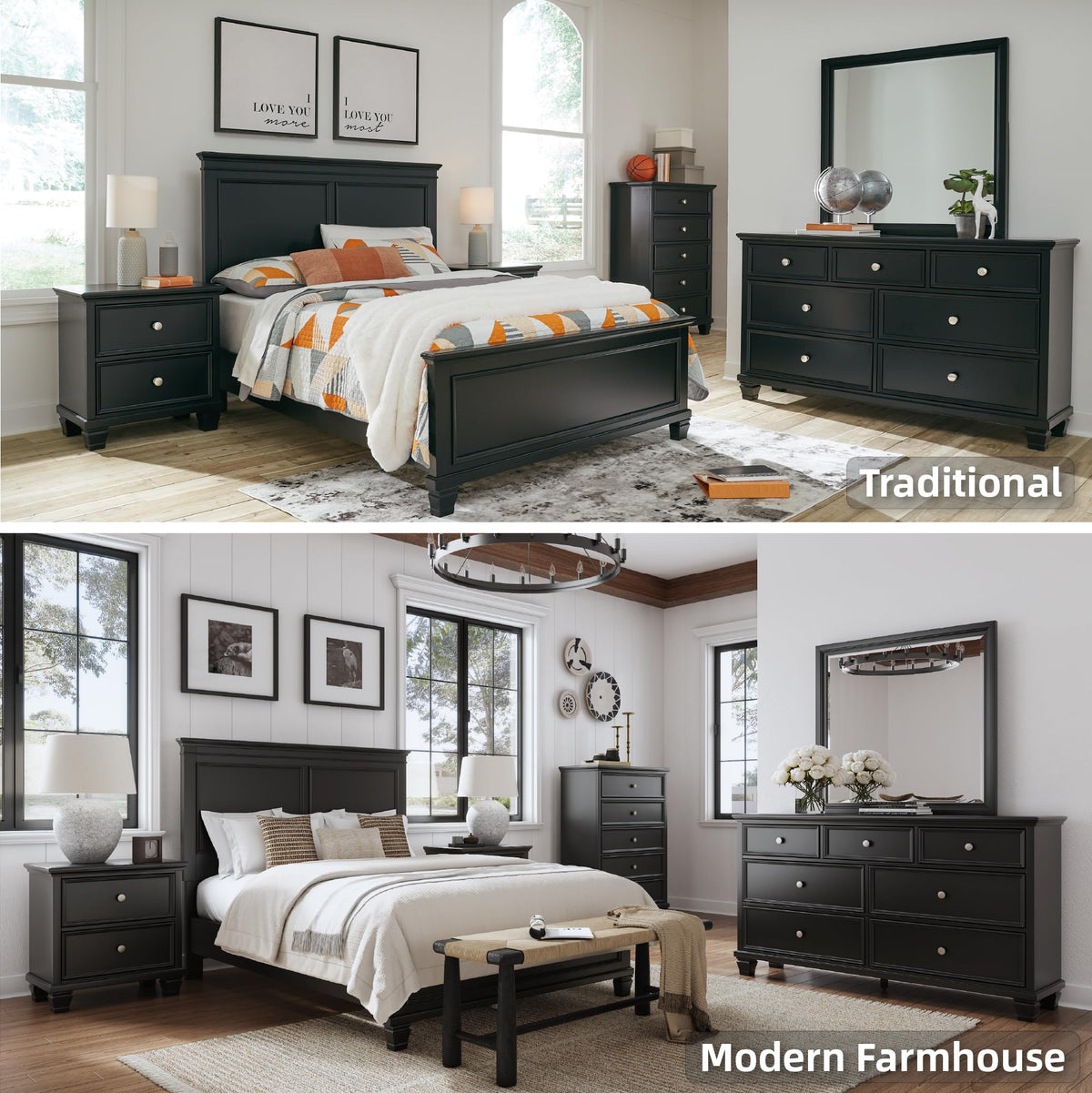 Black Two-Drawer Farmhouse Nightstand