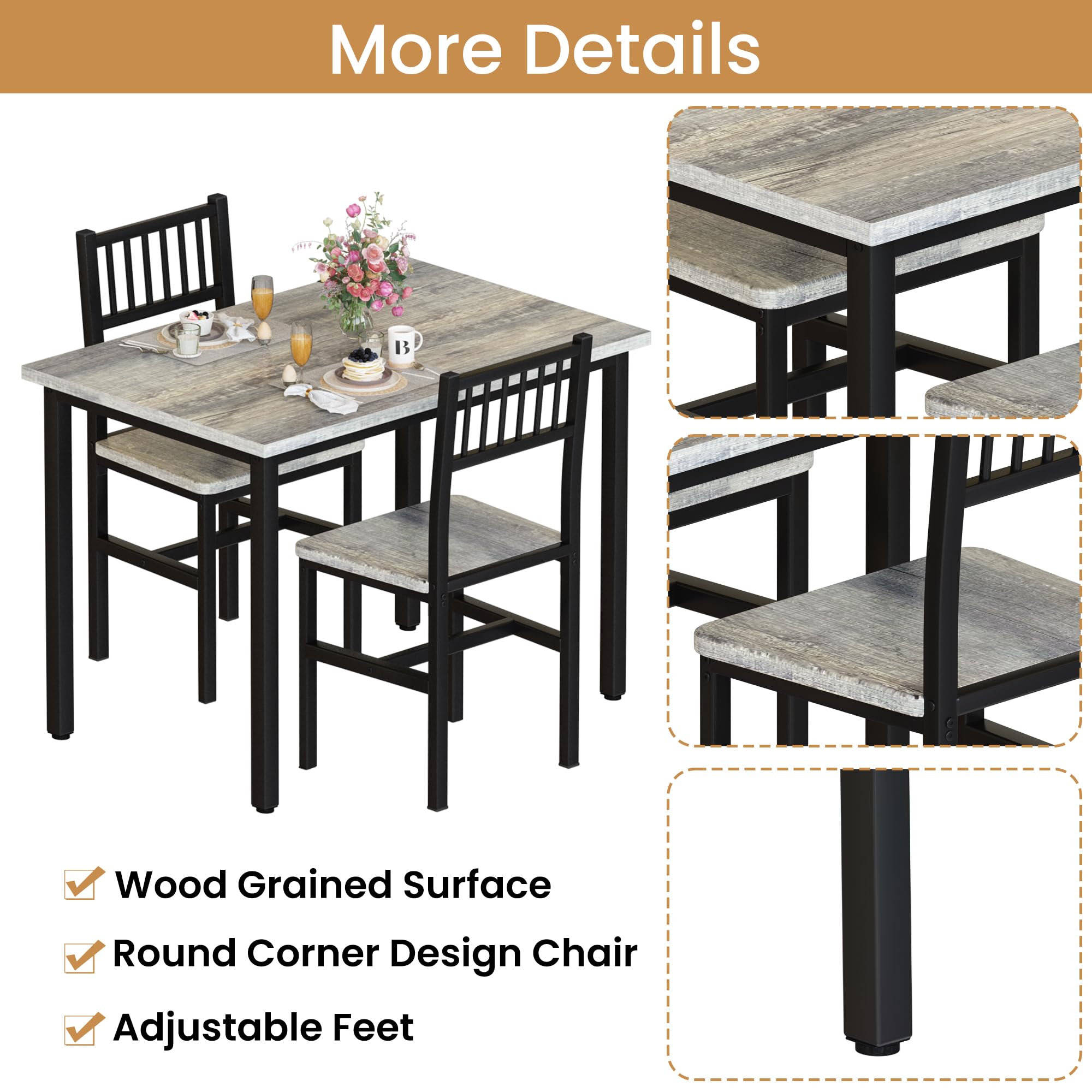 AWQM 3 Piece Dining Table Set for 2, Small Kitchen Table Set for 2 with Chairs,Wood Breakfast Nook Table and Chairs Set of 2,Dinette Set for Small Space,Dining Room,Apartment, Grey