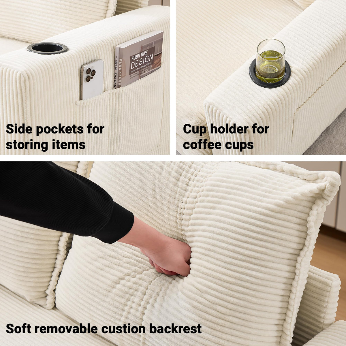 WODNITURE 55.6 in Convertible Sofa Bed, Corduroy Futon Couch, Beige