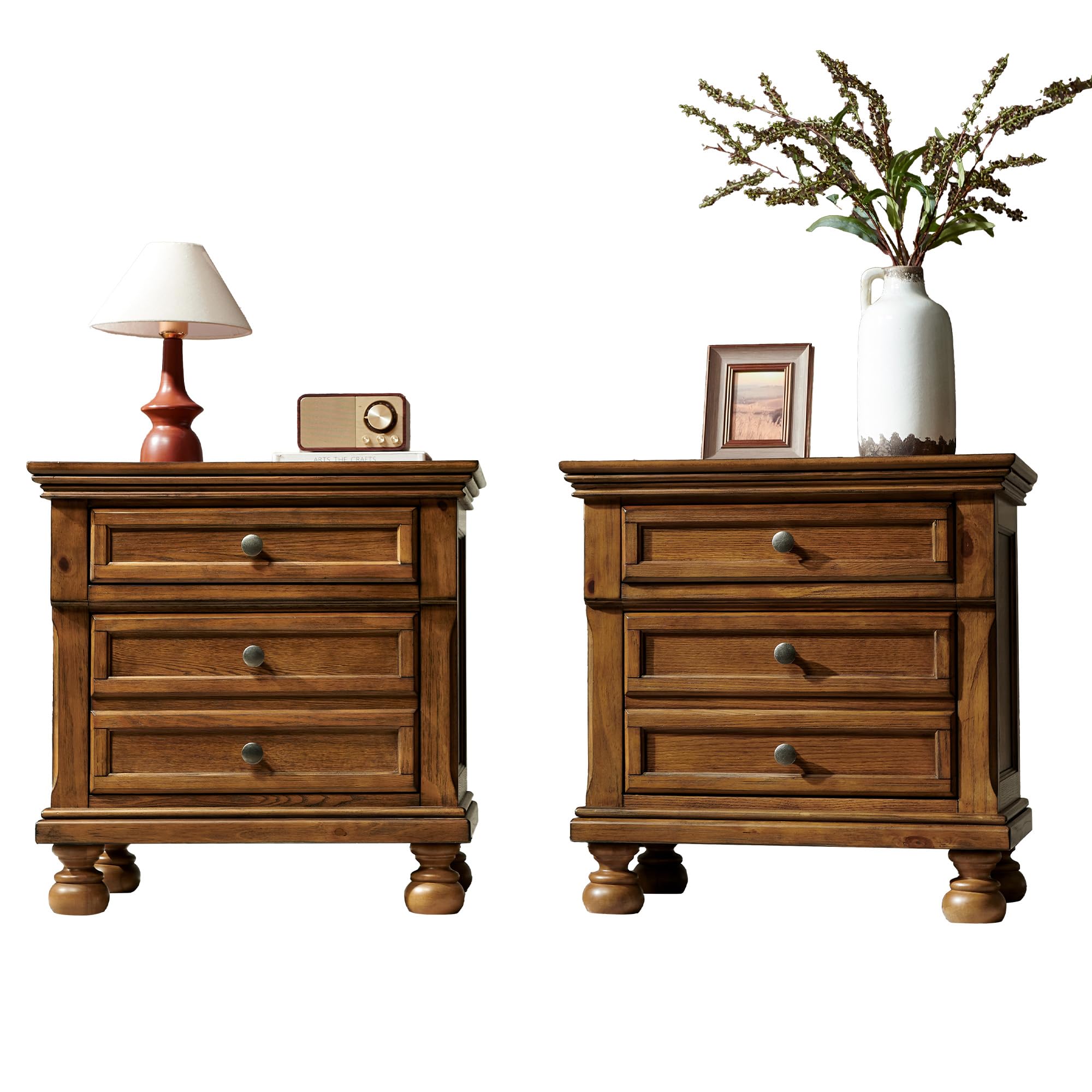 LUXOAK Fully Assembled Solid Wood Nightstand Set of 2 with 2 Drawers, Traditional Bedside End Table with 2 Storage Drawers for Bedroom, Light Brown