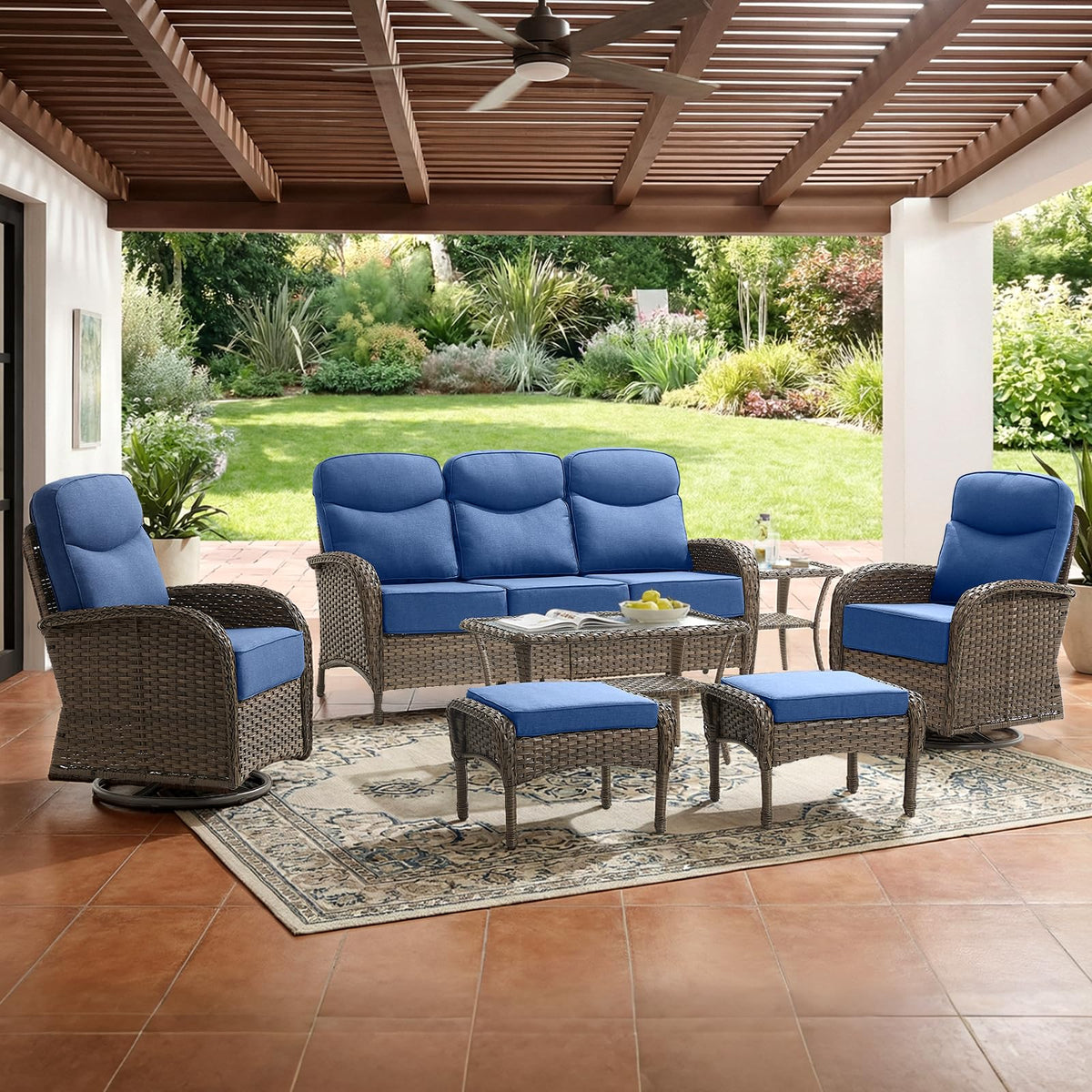 ACTREST Outdoor Ottomans Patio Footrest Set of 2 - High Back Comfortable Brown Wicker Rattan Steel Frame Footstool Additional Bench Side Table for Porch Balcony Deck Garden Poolside - Navy Blue