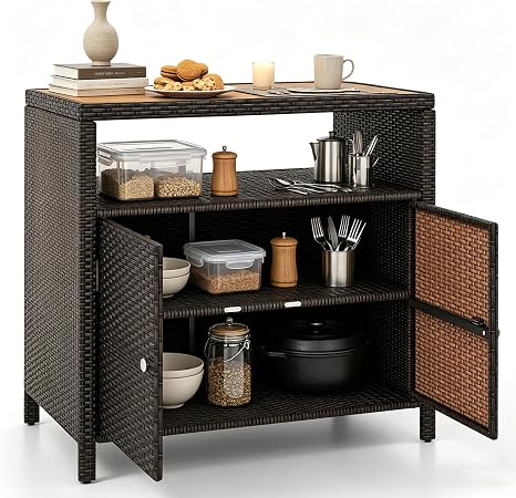 Outdoor Rattan Storage Cabinet with Acacia Wood Countertop