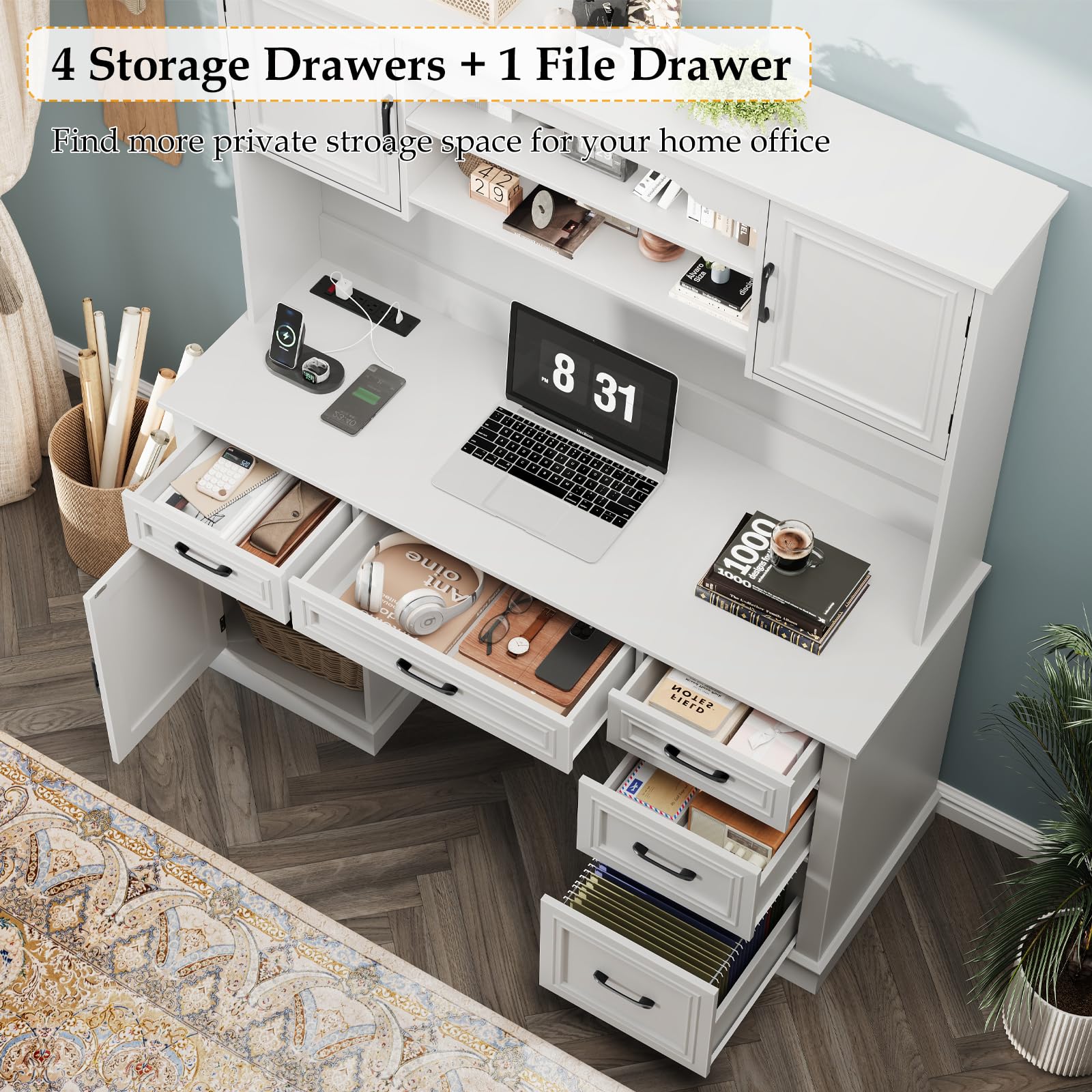 67" H Farmhouse Executive Desk with Hutch.Wood Workstation with 5 Drawers,Storage Cabinet,File Drawers and Charging Station, Ideal as Office Desk,Computer Desk for Home Office, Study. Cream White