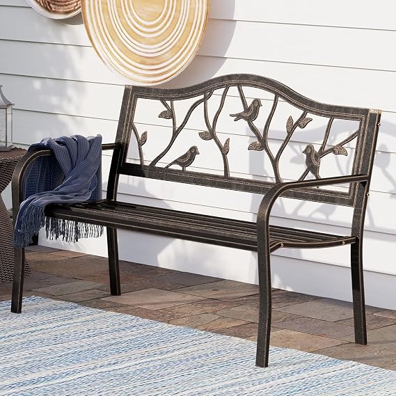 Cast Iron Garden Bench with Floral Backrest