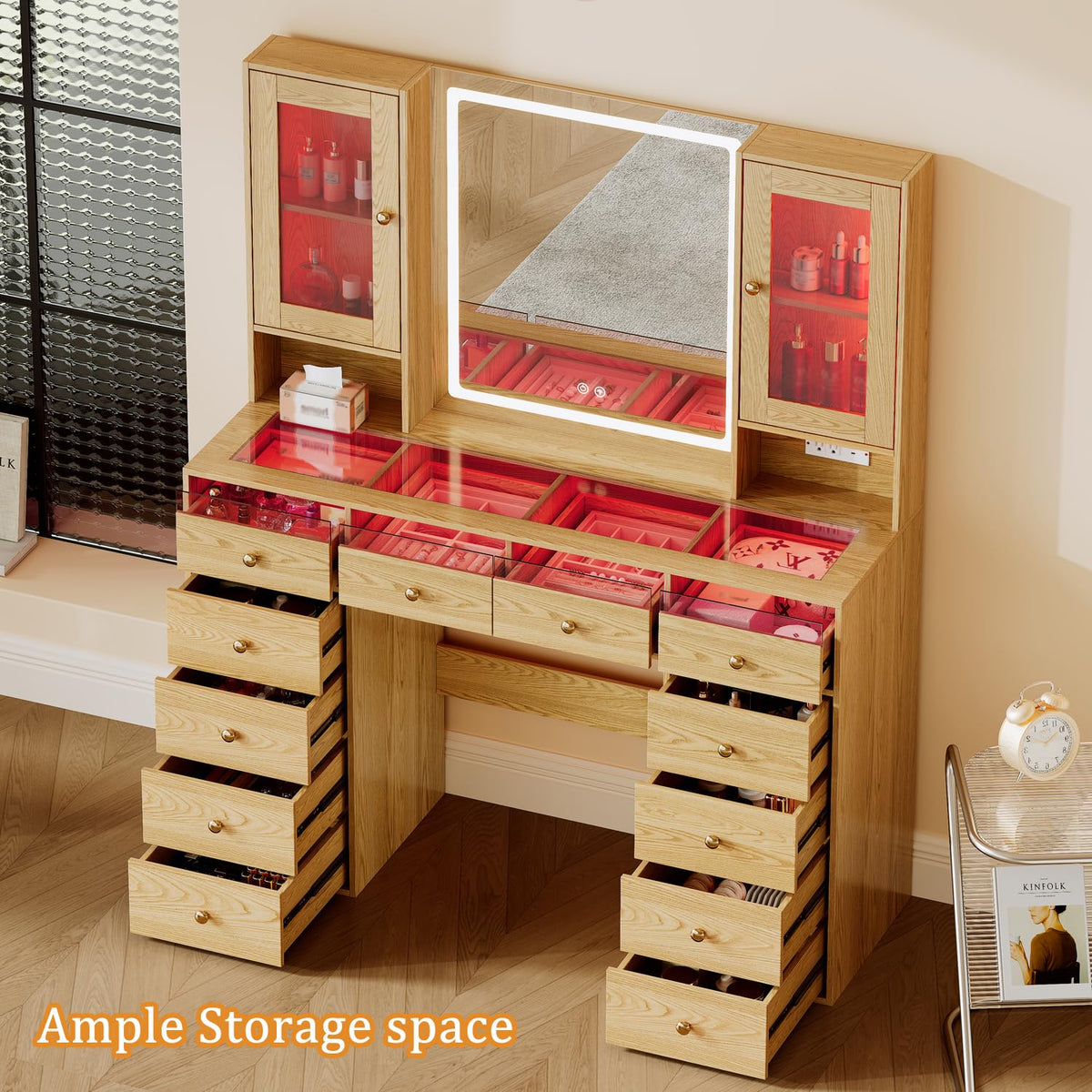 Chrangmay 47" Big Modern Vanity Desk with Mirror and Lights,Makeup Vanity Desk with 12 Drawers and Two PGB Storage cabinets & Power Outlet, Dressing Table with Glass Top, Oak