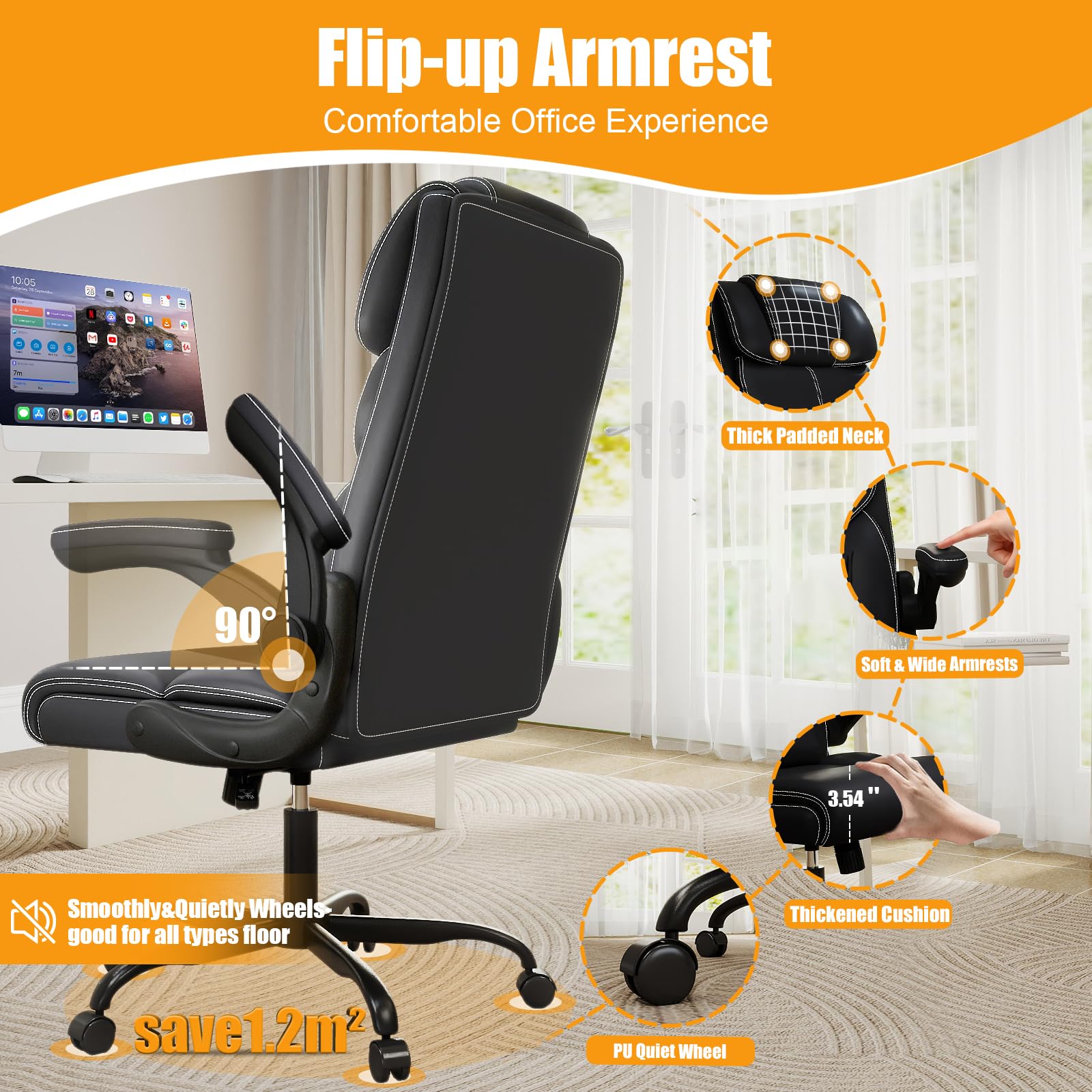 Mid-High Back Leather Office Chair with Flip-Up Armrests