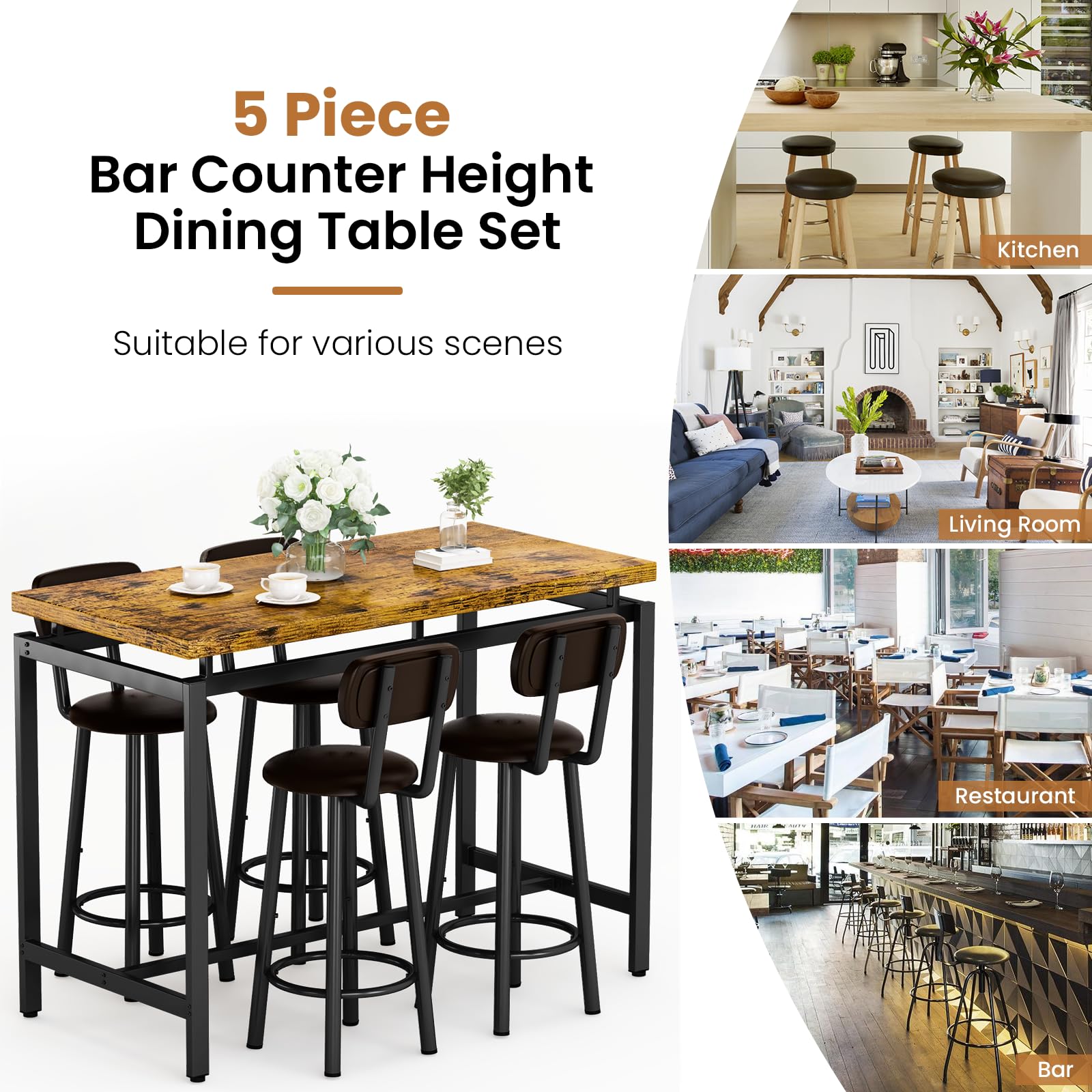 Industrial Bar Table & Chair Set for 4