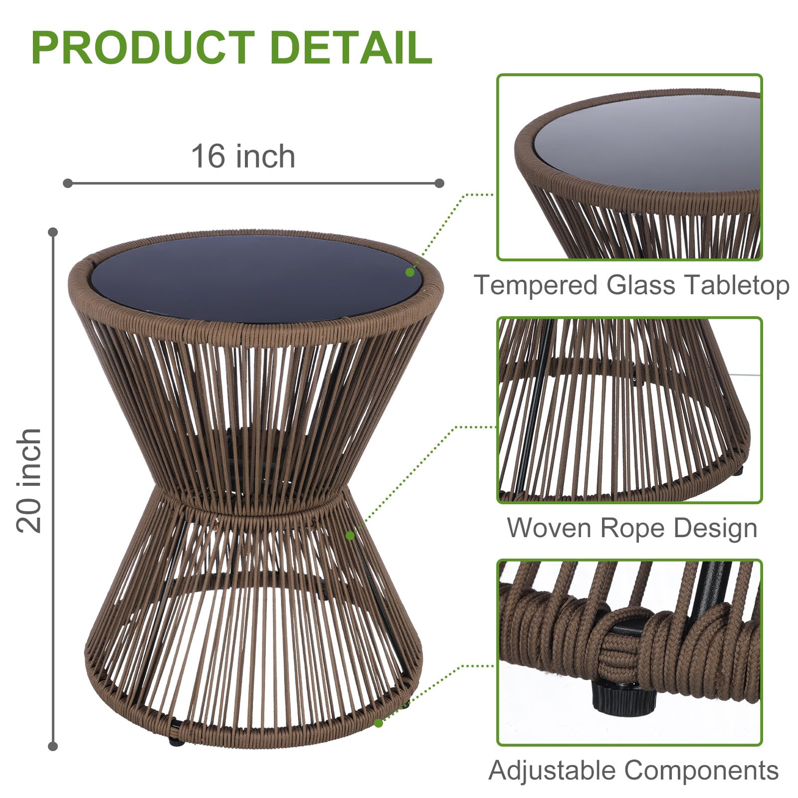 Woven Rope Outdoor Side Table with Glass Top